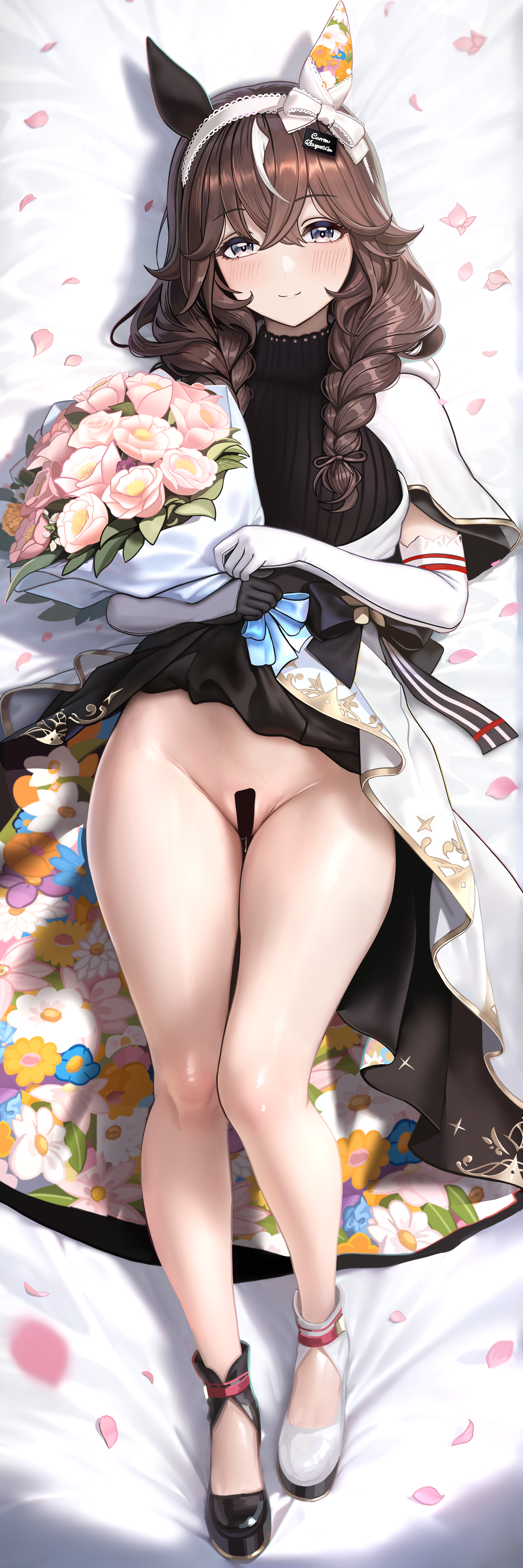 absurdres animal_ears asdkd123 asymmetrical_footwear black_shoes black_skirt black_sweater blue_eyes blush bouquet braid breasts brown_hair censored closed_mouth clothes_lift crossed_bangs curren_bouquetd'or_(umamusume) ear_covers elbow_gloves female flower gloves hair_between_eyes hairband highres holding holding_bouquet horse_ears horse_girl large_breasts long_hair looking_at_viewer lying mismatched_footwear multicolored_skirt no_panties on_back pink_flower pussy pussy_juice shoes skirt skirt_lift smile solo sweater turtleneck turtleneck_sweater twin_braids umamusume white_gloves white_hairband white_shoes white_skirt