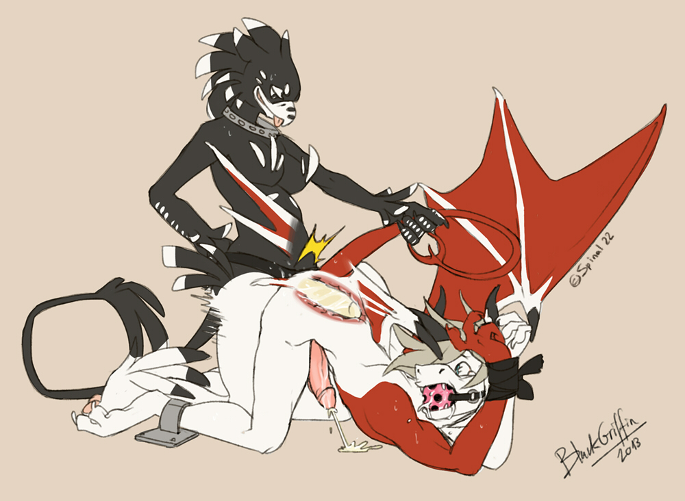 blackgriffin, kabaoum, anal, anal sex, avian, ball gag, bondage, bound, collar, cum, demon, dildo, dragon, gag, gryphon, male, noire (blackgriffin), pegging, penetration, sex toy, strapon, tongue, 