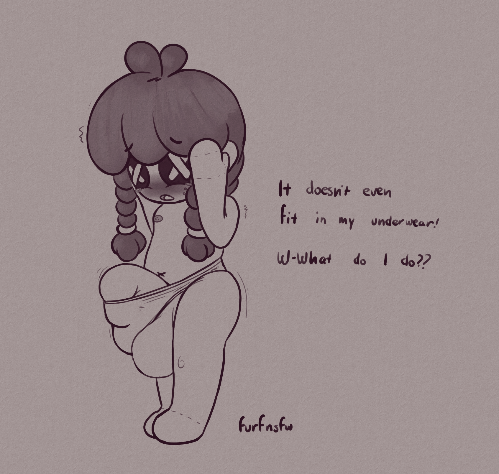 doll, hi res, monochrome, simple background, animate inanimate, anna (furfnsfw), balls, big balls, big penis, blush, button eyes, clothed, clothing, embarrassed, featureless feet, flaccid, furfnsfw, genitals, gynomorph, ineffective clothing, intersex, living doll, living plushie, panties, penis, plushie, solo, topless, toy, underwear, worried, young, 