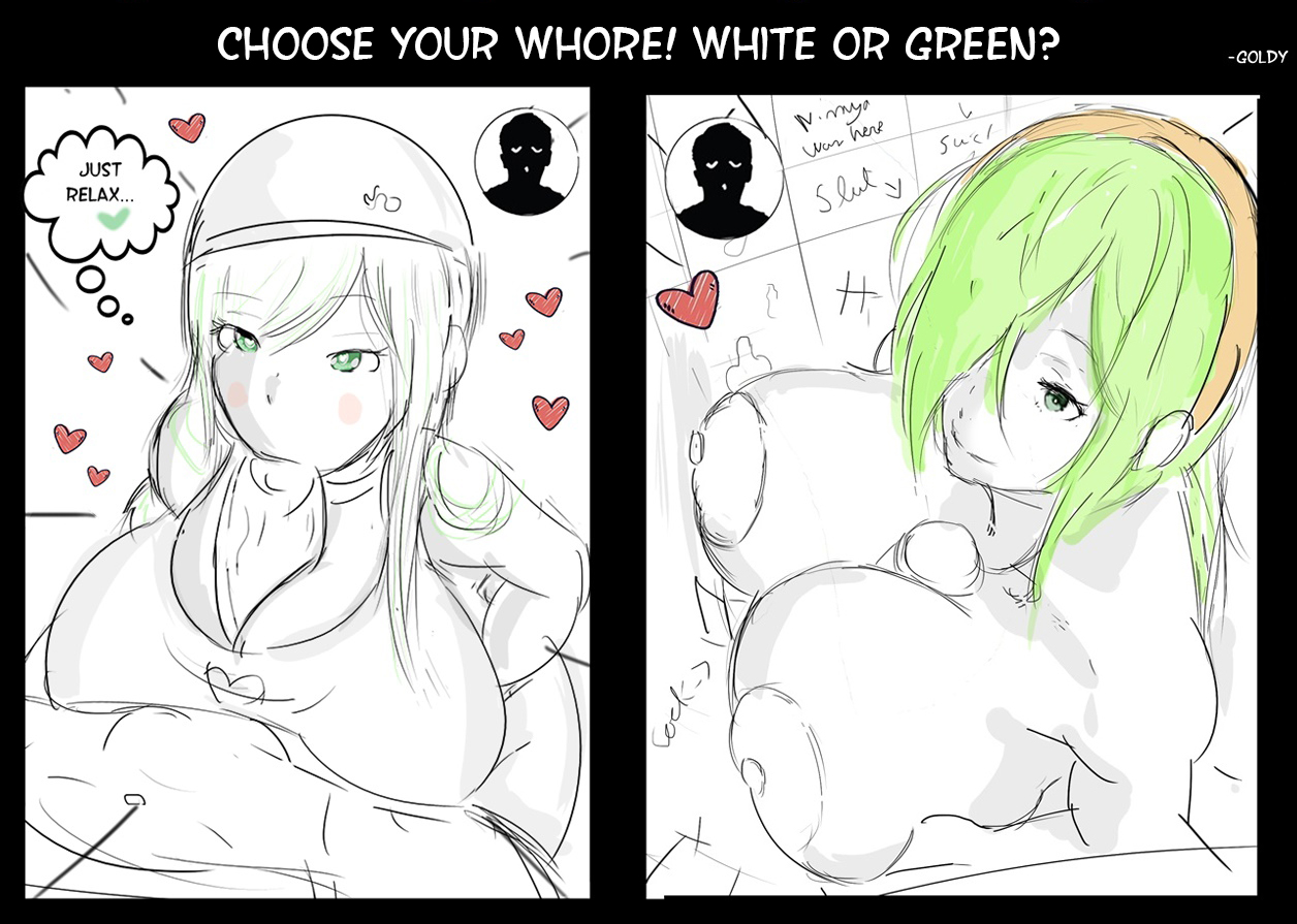 original character, 2girls, big breasts, glory hole, green hair, paizuri, prostitution, white hair, 