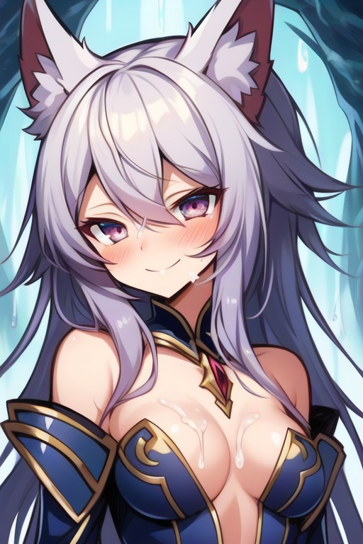 1girls, ai generated, blue hair, cum, cum on body, happy, looking at viewer, medium breasts, smile, sole female, 