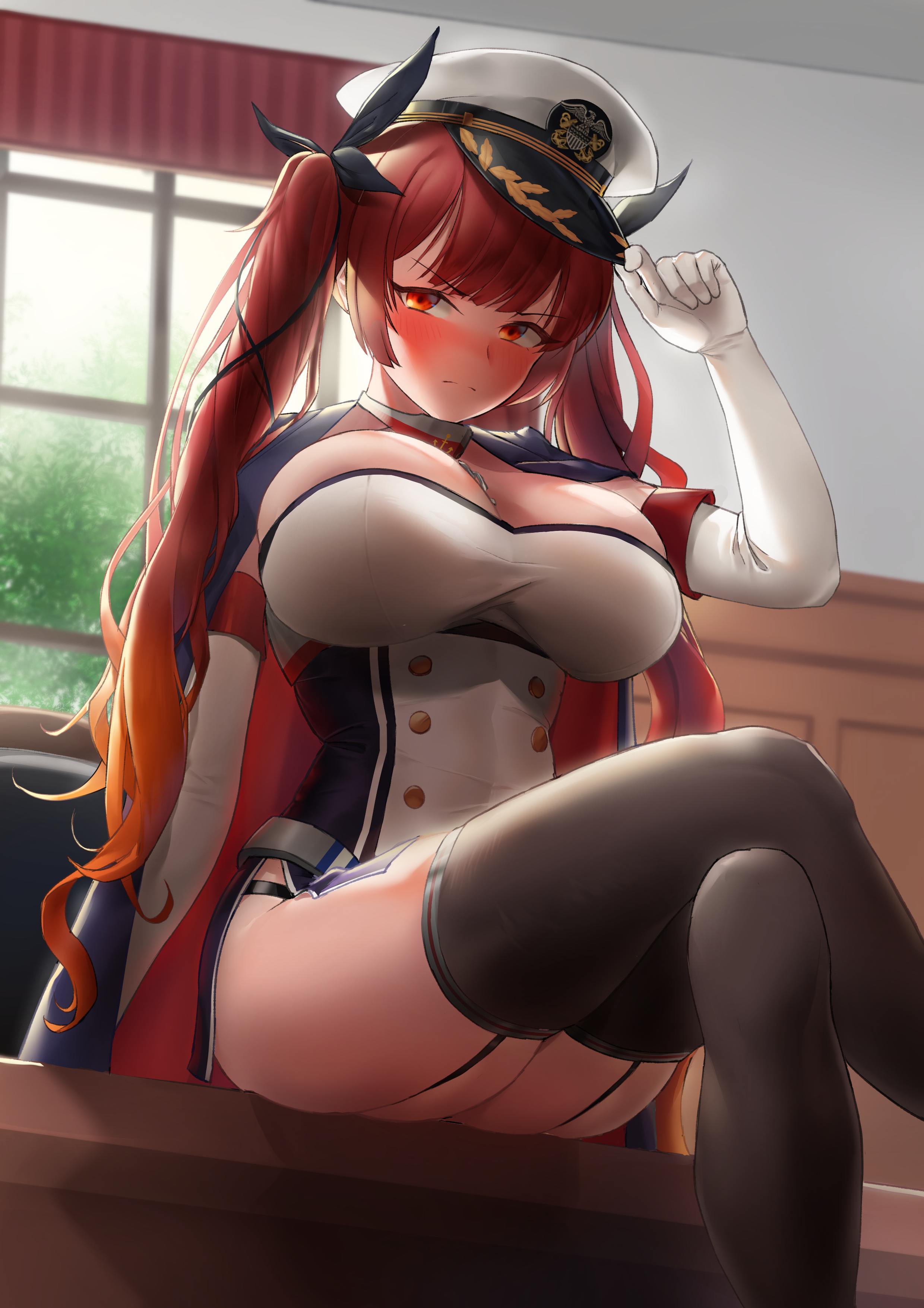 dncks10, honolulu (azur lane), azur lane, 1girls, ass, bangs, black legwear, black ribbon, blush, breasts, chains, closed mouth, collar, crossed legs, elbow gloves, eyebrows visible through hair, female, frown, garter straps, gloves, hair ornament, hair ribbon, hand up, hat, indoors, large breasts, lingerie, long hair, looking at viewer, military hat, multicolored hair, orange hair, peaked cap, pixiv id 4537773, red eyes, red hair, ribbon, sitting, skindentation, solo, thick thighs, thighhighs, tied hair, twintails, two-tone hair, viewed from below, white gloves, wide hips, window, 