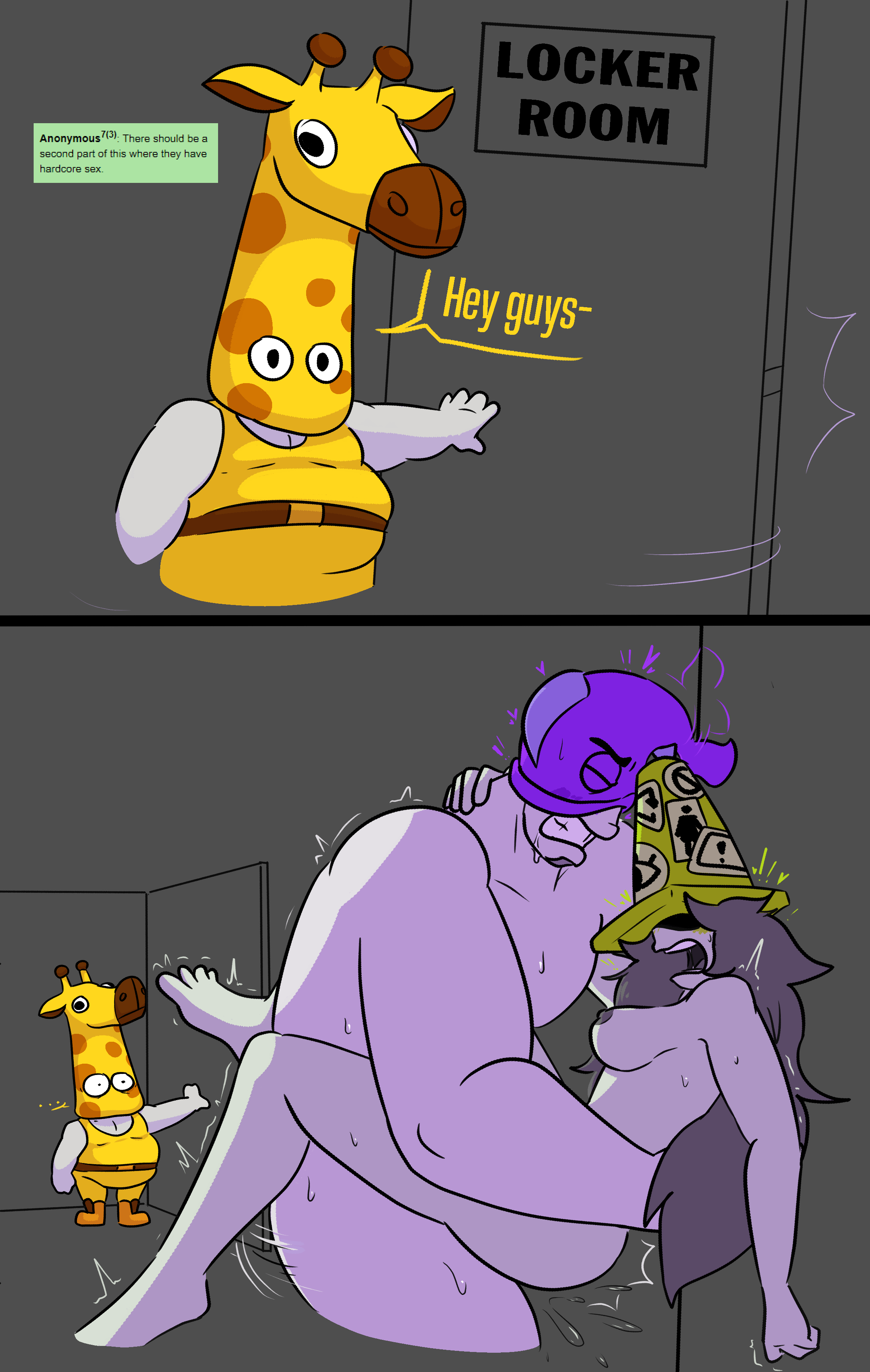 jackbox games, comic, text, against wall, blush, breasts, completely nude, consensual, consentacleez, exclamation point, female, fish, grey hair, grey skin, hearts around head, human, humanoid, implied background, intercourse, jackbox party pack 7, locker room, male, male/female, no visible genitalia, nude, nude female, raph (jackbox), river (jackbox), sex, sloane (jackbox), sweat, traffic cone, walk-in, 