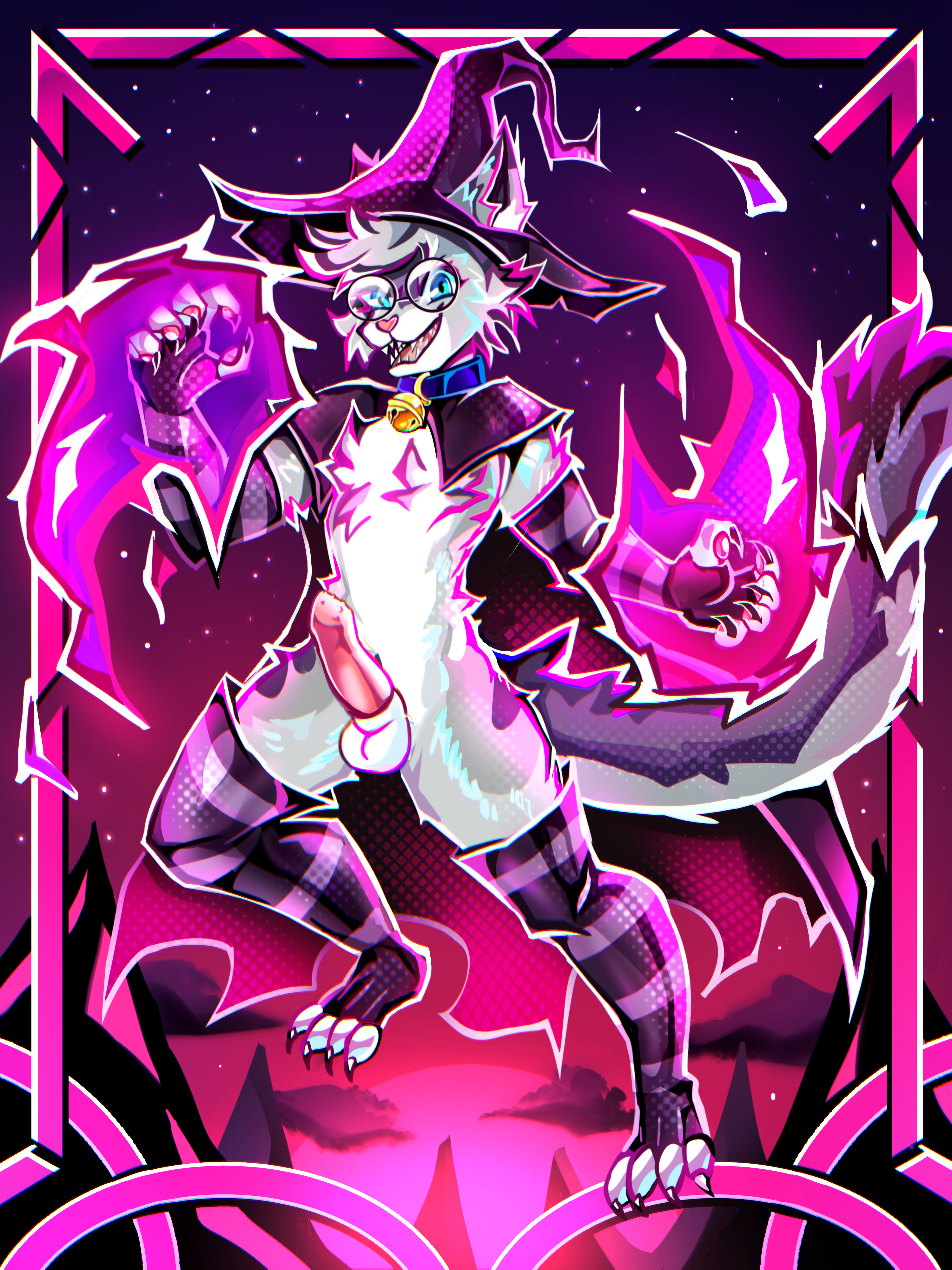 2025 absurd_res animal_genitalia anthro arm_warmers armwear artsyrobo balls bell bell_collar blue_collar blue_eyes bow_ribbon cape claws clothed clothing cloud collar digital_media_(artwork) dipstick_ears domestic_cat ear_markings egyptian_mau elemental_manipulation erection felid feline felis fire fire_manipulation fur genitals gold_bell grey_body hair halloween hat headgear headwear hi_res holidays leg_warmers legwear looking_at_viewer magic magic_user male mammal markings multicolored_ears nixuelle open_mouth outside pattern_armwear pattern_clothing penile_spines penis pink_nose poster ribbon_tie ribbons sheath sinister_smile smile solo spots spotted_markings star stirped_legwear stockings striped_armwear striped_clothing stripes tail teeth thigh_highs witch witch_hat