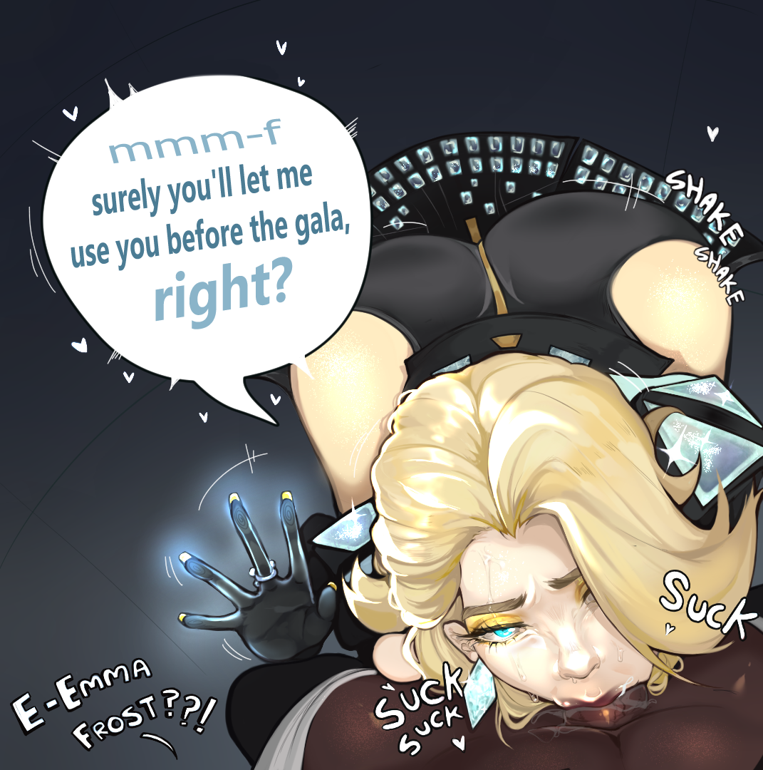 1boy 1girls 2d ass big_ass blonde_female blonde_hair blowjob blue_eyes chat_box clothed dark-skinned_male dark_skin dialogue dominant_female drool drooling dubious_consent emma_frost emma_frost_(marvel_rivals) emma_frost_(x-revolution) english_text female femdom glowing_eyes interracial kneeling looking_at_viewer looking_up magic male marvel marvel_comics marvel_rivals mind_control mouthful offscreen_male on_knees penis peropup pov public reverse_rape snowbunny spit subtitled sucking sucking_penis text x-men