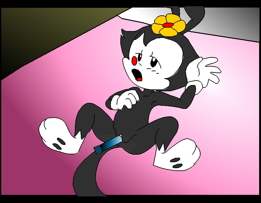 dot warner, animaniacs, color, tagme, black fur, dildo, female, female only, feral, flower, fur, insertion, lying, masturbation, nude, on back, red nose, solo, vulva, white fur, 