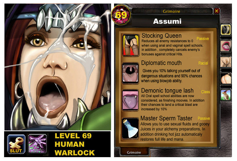 shina, assumi, warcraft, world of warcraft, 2d, text, ahe gao, character profile, character sheet, cum on eye, cum on face, facial, human, open mouth, red hair, slut, stockings, warlock (warcraft), willing sub, yellow eyes, 