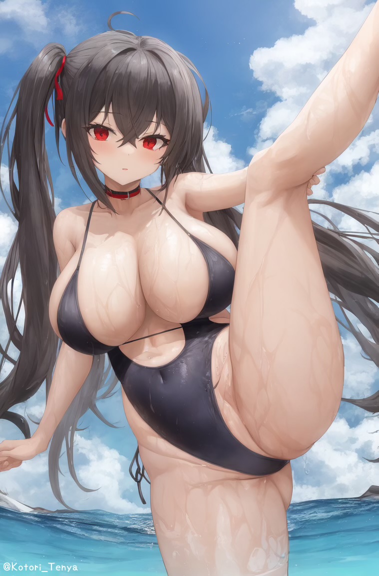 taihou (azur lane), azur lane, 1girls, ahoge, ai generated, beach, black hair, breasts, cleavage, female, huge breasts, light-skinned female, light skin, long hair, outdoors, red eyes, stable diffusion, standing split, swimsuit, thick thighs, thighs, twintails, wet, wet body, 