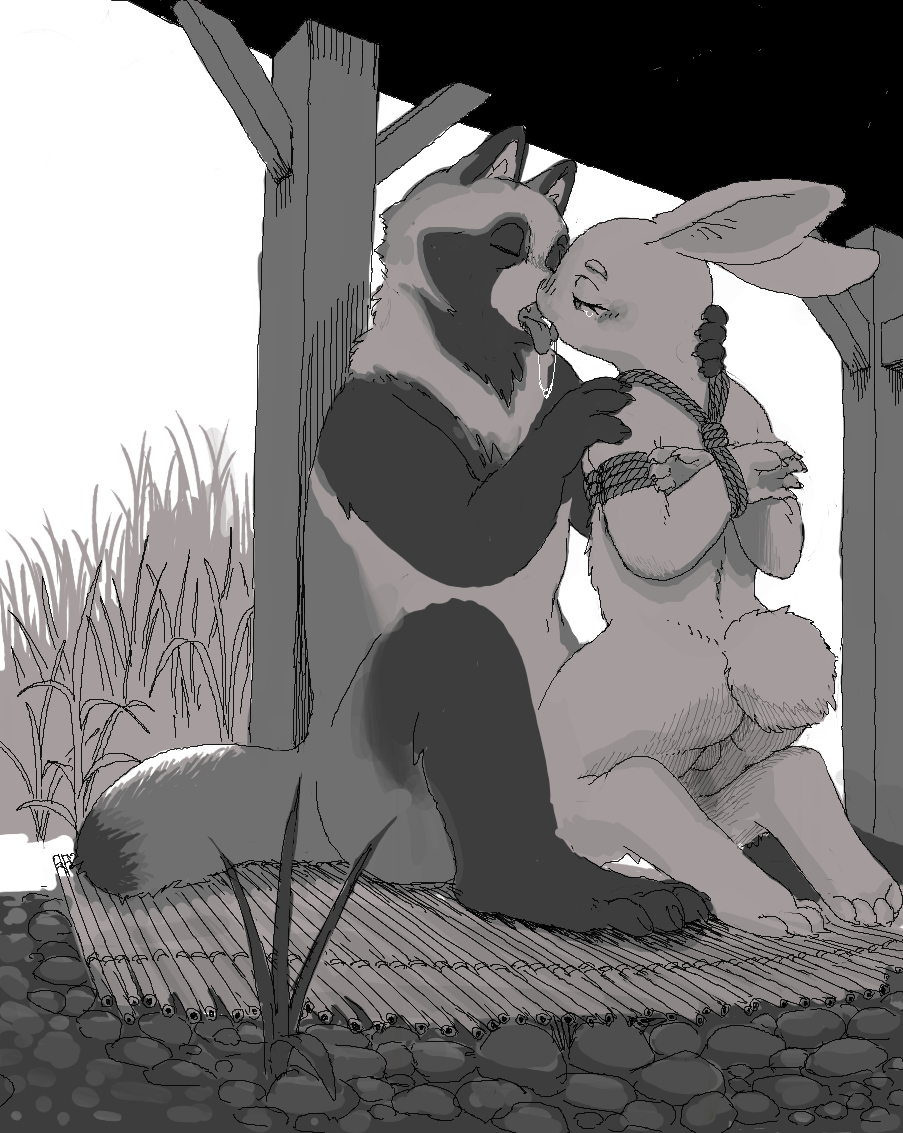 kigouneko, monochrome, anthro, balls, blush, bondage, bound, claws, closed eyes, drooling, duo, eyelashes, grass, hands behind back, kissing, lagomorph, male, mammal, nude, open mouth, outside, rabbit, rock, rope, saliva, tanuki, tears, teeth, tongue, tongue out, yaoi, 