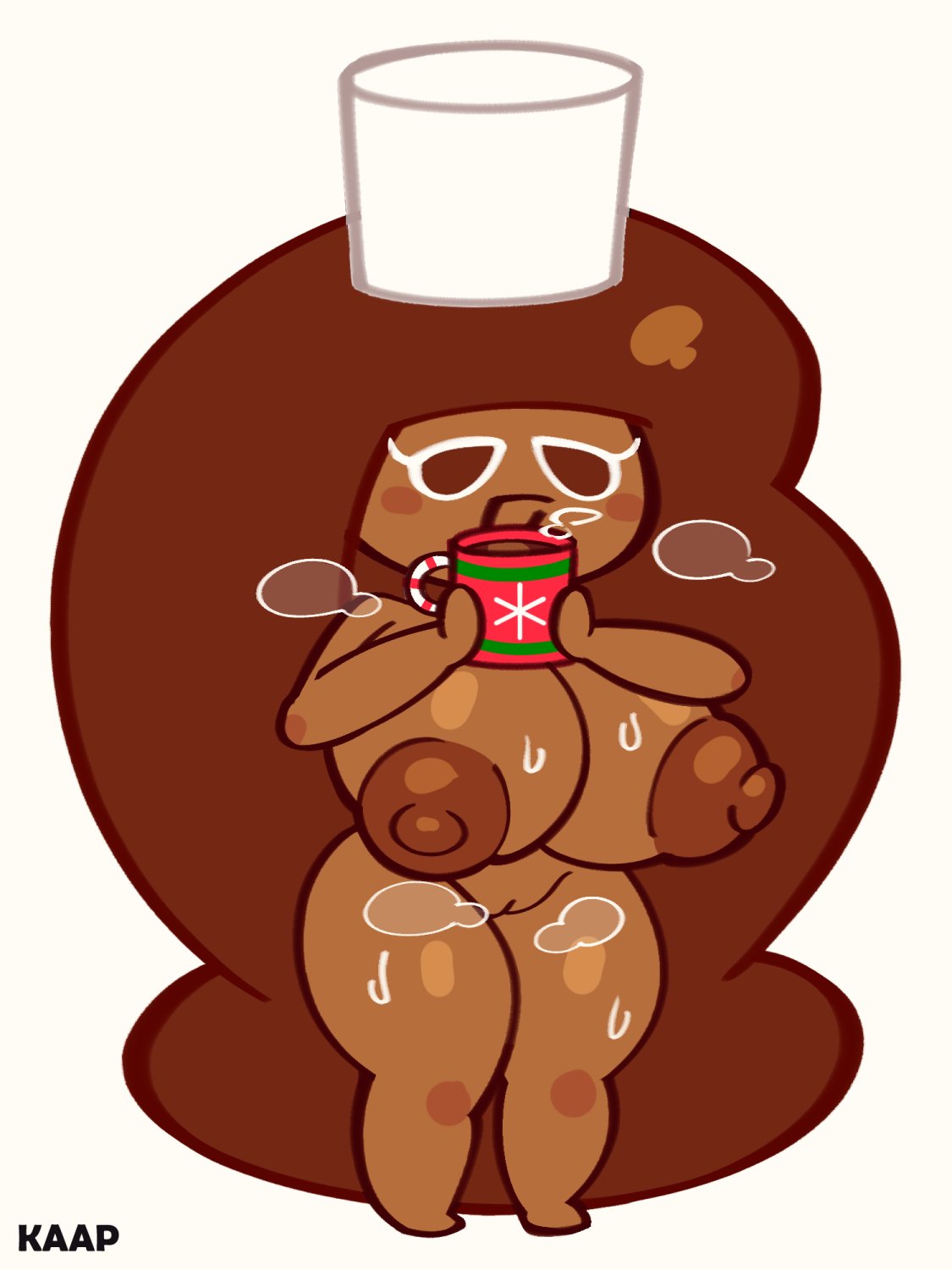 cocoa cookie, cookie run, 1girls, 2022, areolae, big breasts, breasts, brown body, brown eyes, brown hair, female, female only, full body, huge breasts, humanoid, kaapcom (artist), long hair, mug, nipples, no pupils, nude, pussy, shortstack, solo, standing, sweat, thick thighs, very long hair, wide hips, 