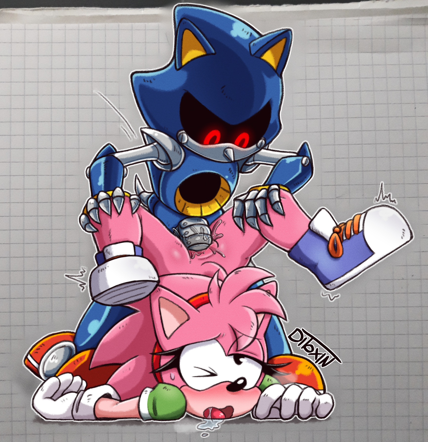 ditoxin, amy rose, classic amy, metal sonic, rosy the rascal, sega, sonic (series), ahe gao, anal, anthro, drooling, dubious consent, female, from behind, hedgehog, humanoid, humanoid penis, male, male/female, male on top, mechanical, robot, 