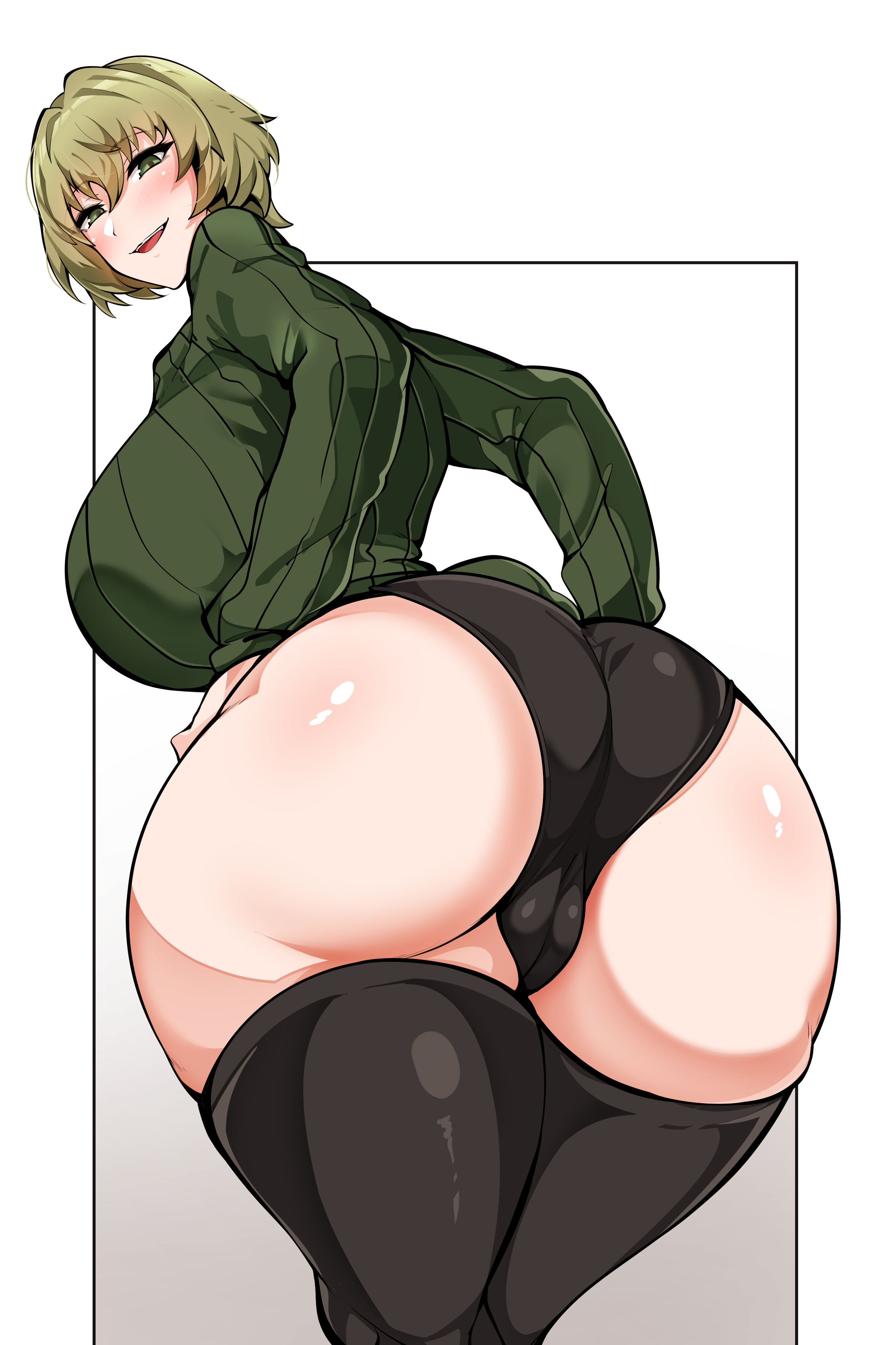 original, 1girls, akina-chan, ass, bent over, big ass, big breasts, black panties, blush, busty, fat ass, female, green eyes, green hair, huge ass, huge breasts, legs, looking at viewer, looking back, mature, mature female, mature woman, naughty face, panties, short hair, sideboob, smile, solo, sweater, thick thighs, thighs, voluptuous, 