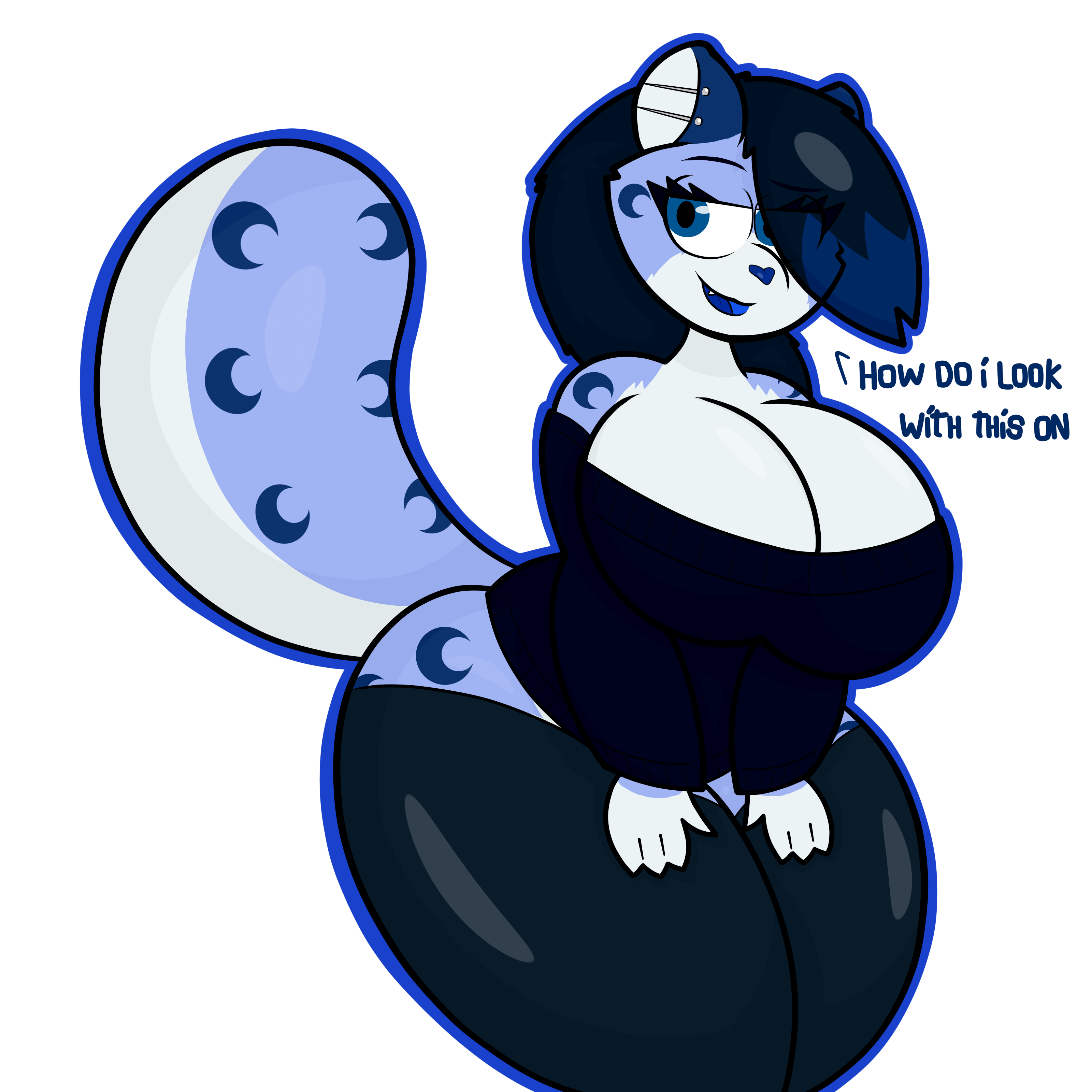 absurd res, english text, hi res, sketch, text, 4 fingers, alpha channel, anthro, big breasts, black hair, blouse, blue body, blue eyes, blue fur, blue hair, blue mouth, blue tongue, breasts, cheek tuft, cleavage, clothed, clothing, dialogue, facial tuft, felid, female, female focus, fingers, fluffy, fluffy tail, footwear, fur, hair, hands on legs, legwear, luna (raccoonuki), mammal, pantherine, raccoonuki, snow leopard, socks, solo, standing, stockings, tail, thick thighs, thigh highs, thigh socks, tongue, toony, topwear, tuft, white body, white fur, 