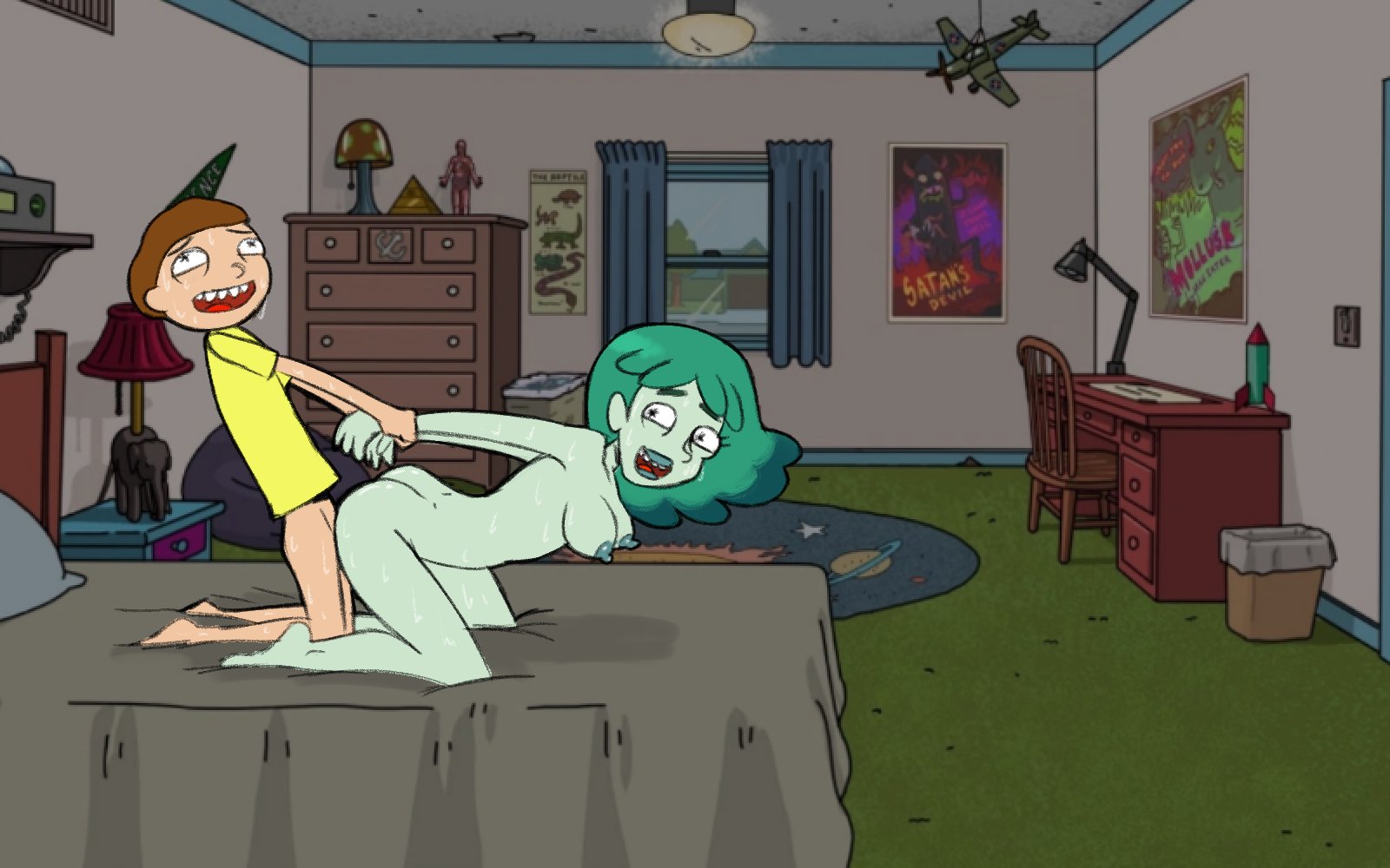 morty smith, rick and morty, ass, bed, breasts, cesarean pizza, female, gre...