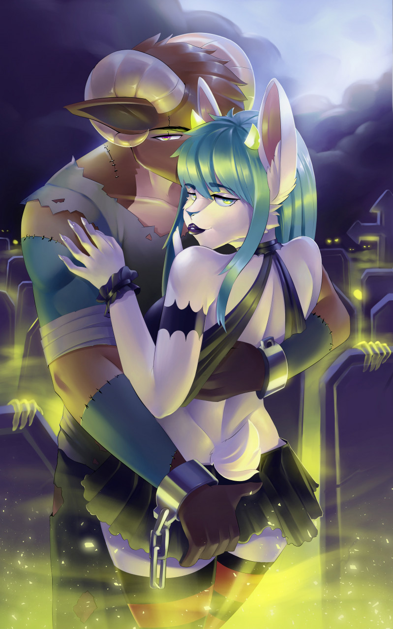 halloween, anthro, blue eyes, blue hair, brown fur, brown hair, catgirl, cemetery, duo, fog, furry, purple eyes, ram boy, skirt, sparkittyart, white fur, 