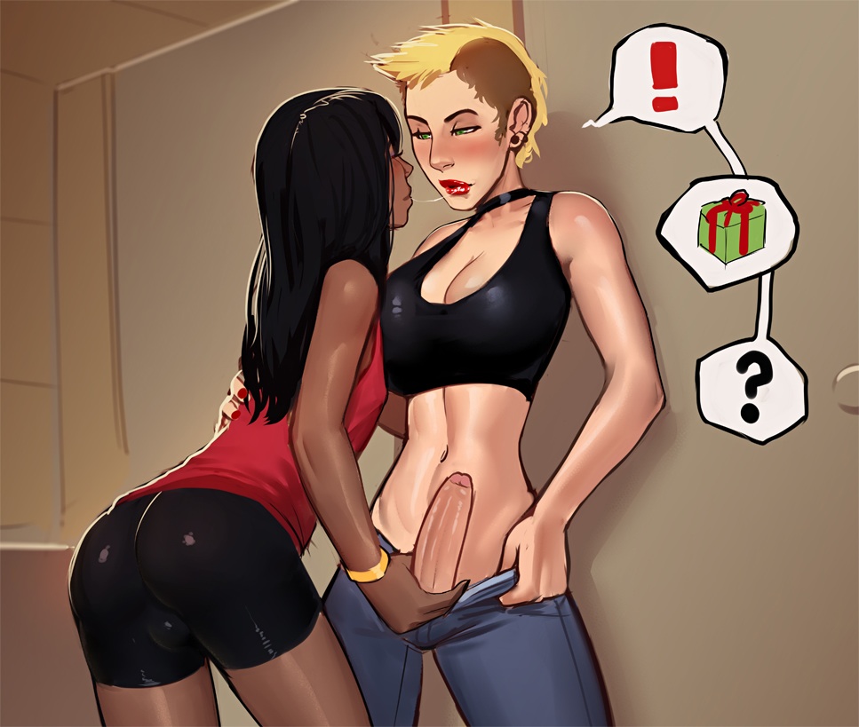 incase, 1boy, 1futa, androgynous, ass, bathroom, big breasts, bike shorts, black hair, breasts, bulge, cleavage, dickgirl, femboy, futa on male, futanari, girly, handjob, intersex, jeans, lipstick, mohawk, saliva, trap, 
