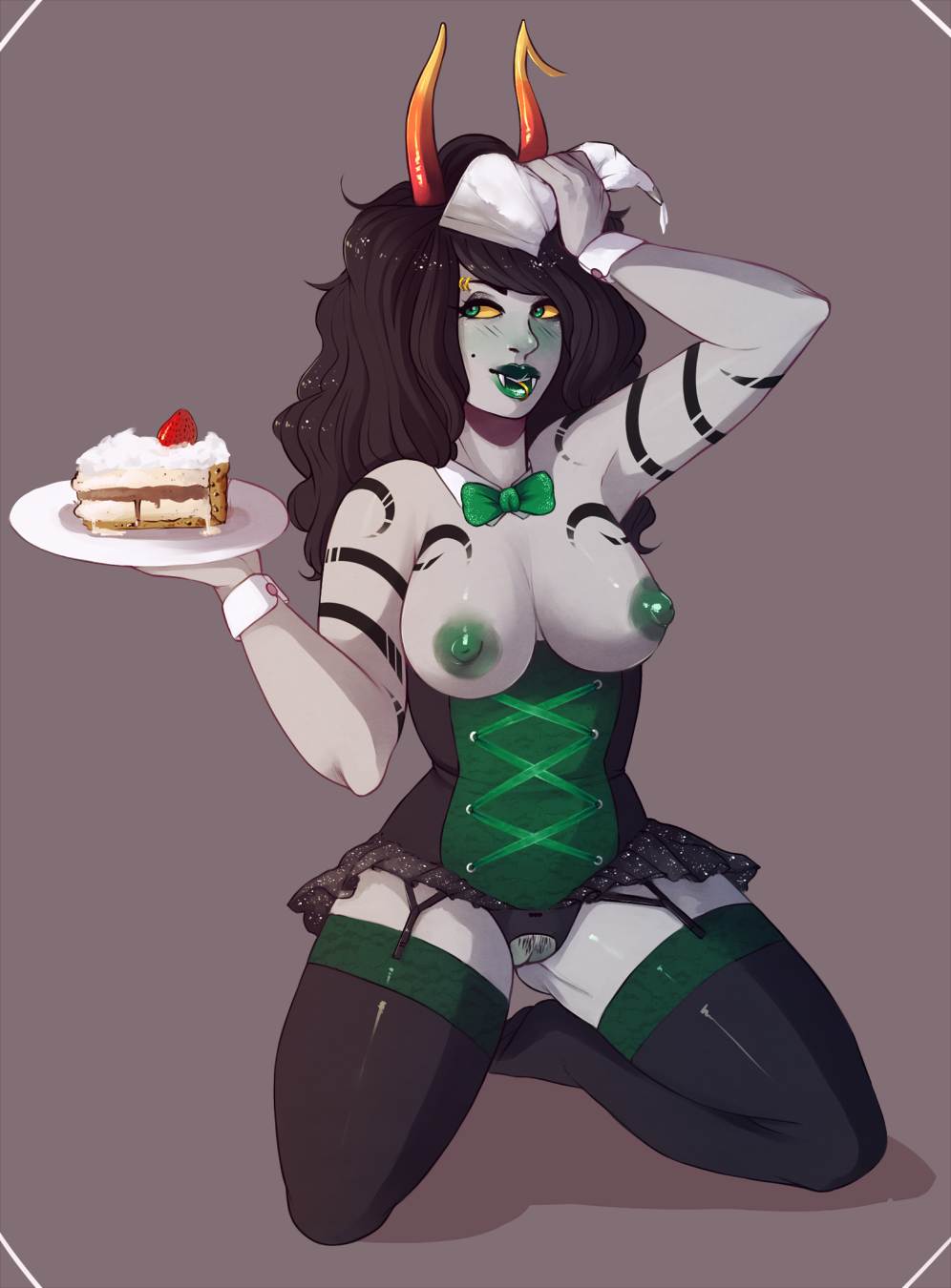 fefairi, porrim maryam, homestuck, ms paint adventures, grey background, simple background, bare shoulders, black hair, black legwear, bowtie, breasts, cake, corset, crotchless, crotchless clothes, detached collar, eyebrow piercing, fangs, female, food, garter straps, green eyes, grey skin, horns, kneeling, lip piercing, long hair, looking away, mole, plate, pubic hair, pussy, solo, tattoo, thighhighs, wrist cuffs, yellow sclera, 