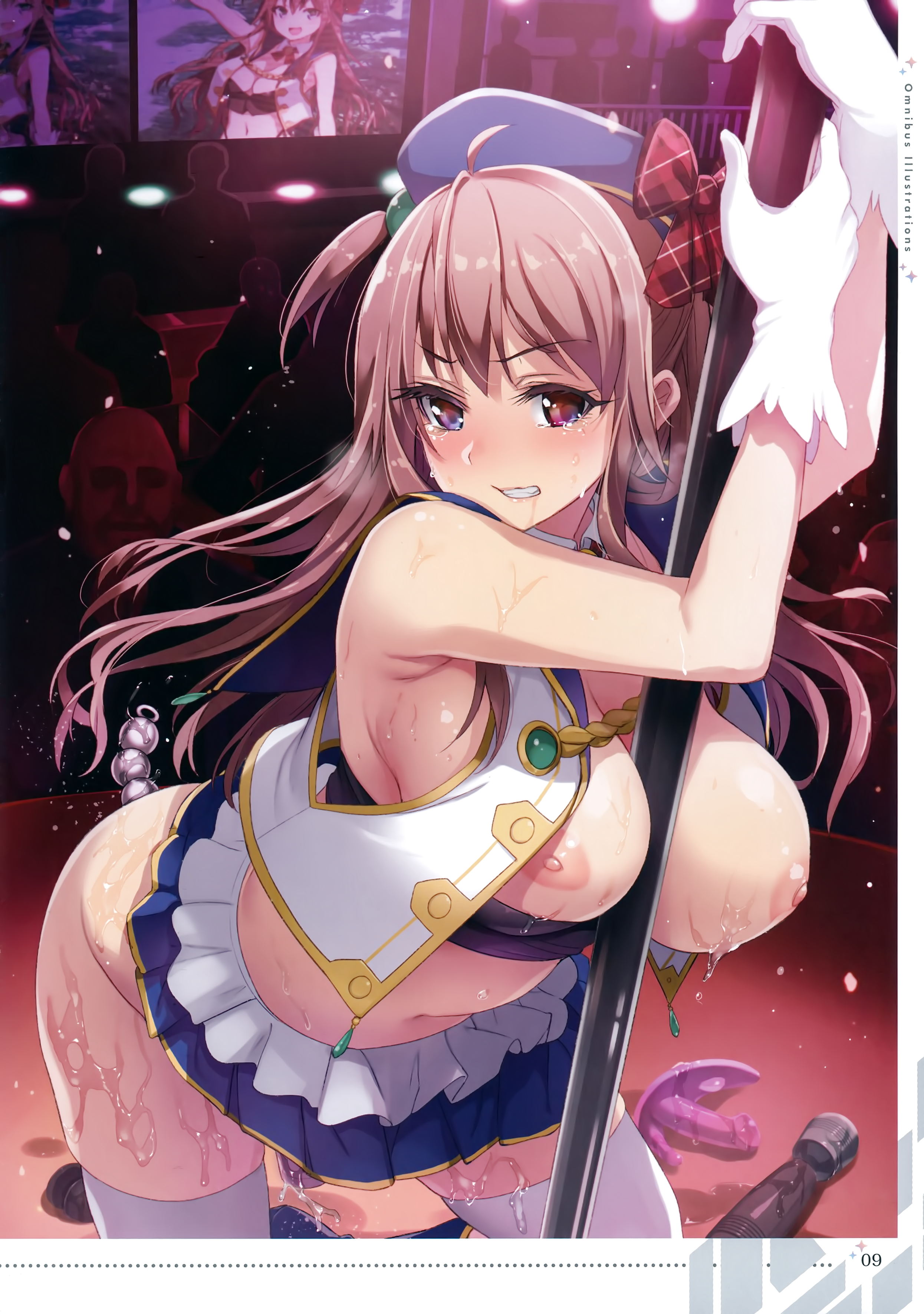 inue shinsuke, original, absurdres, bow, breasts, dildo, female, gloves, hat, hat bow, hat ribbon, hihighres, large breasts, long hair, nipples, non-web source, pole, ribbon, sex toy, tears, thighhighs, vibrator, 