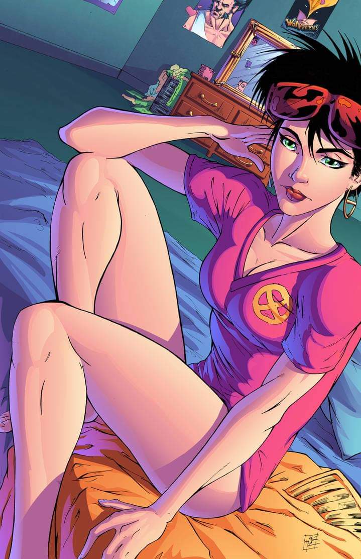jubilee, marvel, marvel comics, x-men, tagme, bed, bedroom, earrings, eyewear on head, female, j-skipper, looking at viewer, no pants, pantsu, short hair, sitting, t-shirt, 