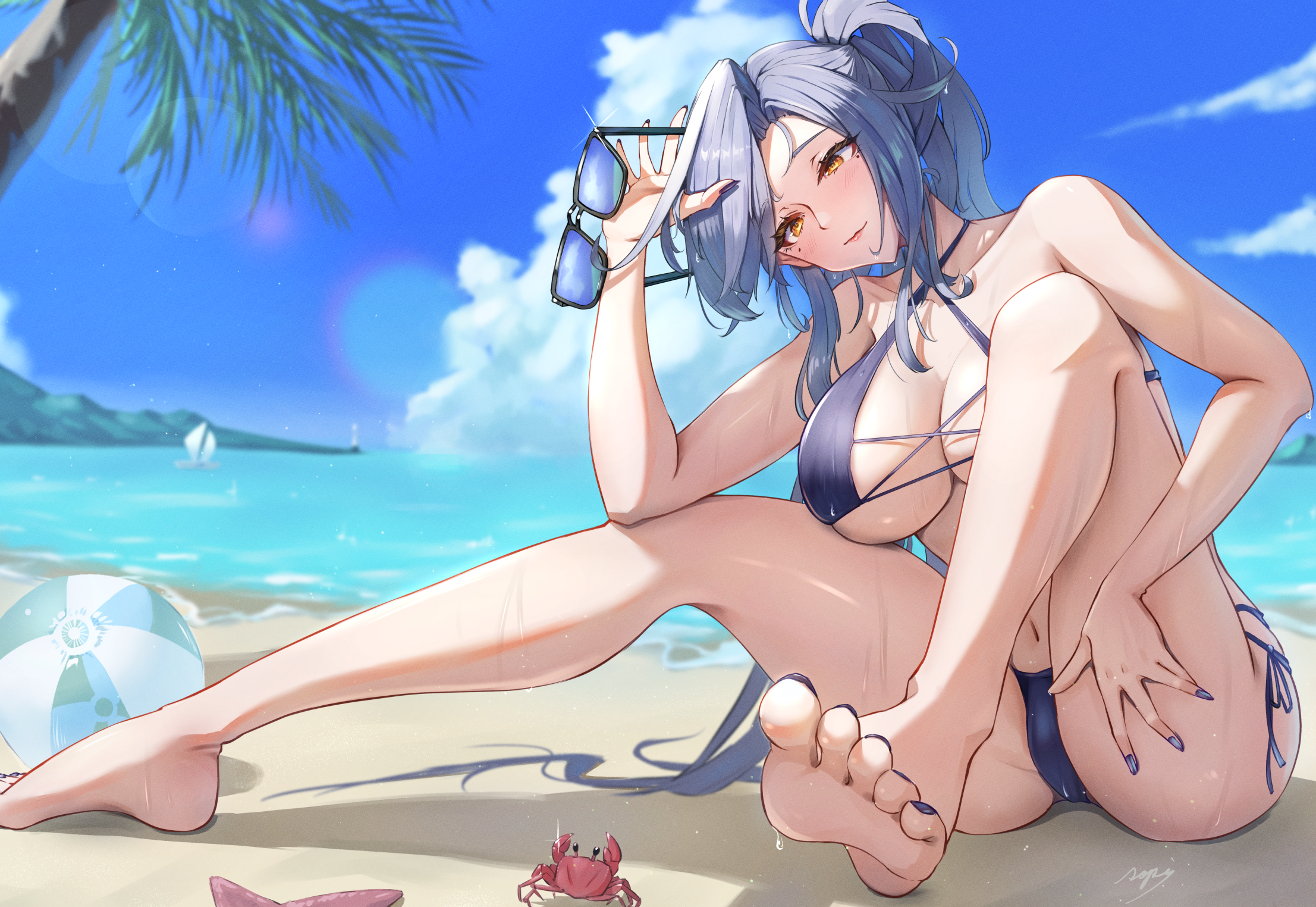 1girls azur_lane ball_(object) bare_shoulders barefoot beach beachball bikini black_bikini blue_nails blue_sky blush boat breasts chkalov_(azur_lane) chkalov_(seaside_sunset)_(azur_lane) cloud crab eyewear_removed feet female female_only foreshortening grey_hair halterneck highres large_breasts light-skinned_female light_skin long_hair looking_at_viewer mole mole_under_eye navel northern_parliament_(azur_lane) ocean official_alternate_costume orange_eyes outdoors palm_leaf palm_tree ropi_(yyuichi29/ropisan_jp) sailboat sand sky soles solo sunglasses swimsuit toes tree very_long_hair water watercraft