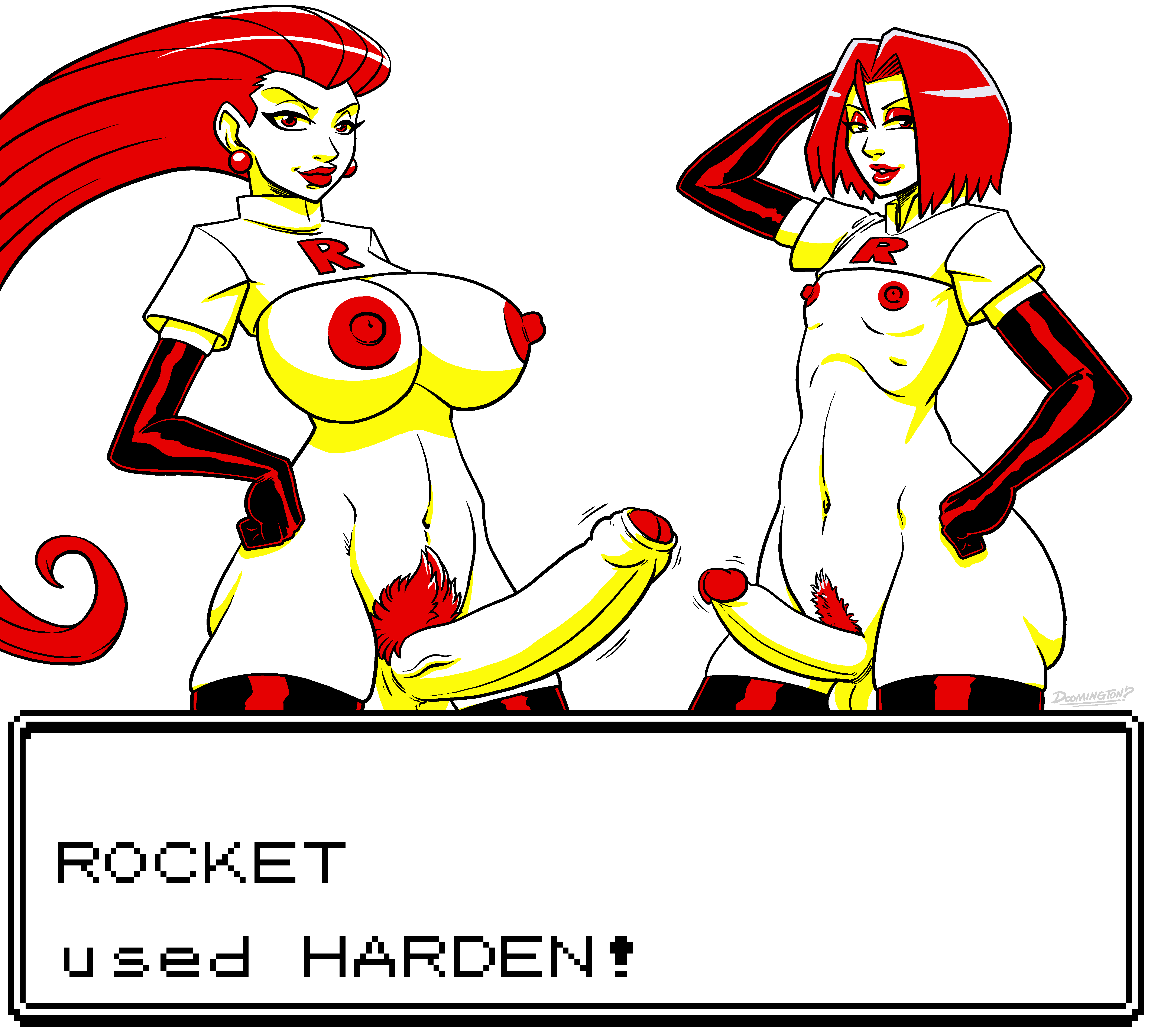 doomington, james (pokemon), jessie (pokemon), nintendo, pokemon rgby, monochrome, text, 1boy, 1futa, abs, alternate breast size, areolae, big breasts, breasts, dickgirl, duo, erect nipples, erection, eye contact, eyeshadow, femboy, foreskin, futa is bigger, futanari, girly, gloves, half-closed eyes, hud, huge breasts, huge penis, human, intersex, large breasts, looking at viewer, makeup, male, nipples, penis, penis size difference, pokemon, pubic hair, testicles, thick penis, thick thighs, thighhighs, uncut, wide hips, 