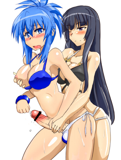 fuyu sato, sangou shizuku, senou natsuru, kampfer, censored, lowres, simple background, 2girls, bikini, black hair, blue eyes, blue hair, blush, breast grab, breasts, cleavage, futa with female, futanari, handjob, intersex, long hair, multiple girls, nipples, open mouth, penis, penis grab, precum, purple eyess, saliva, sweat, swimsuit, tear, testicles, wink, 