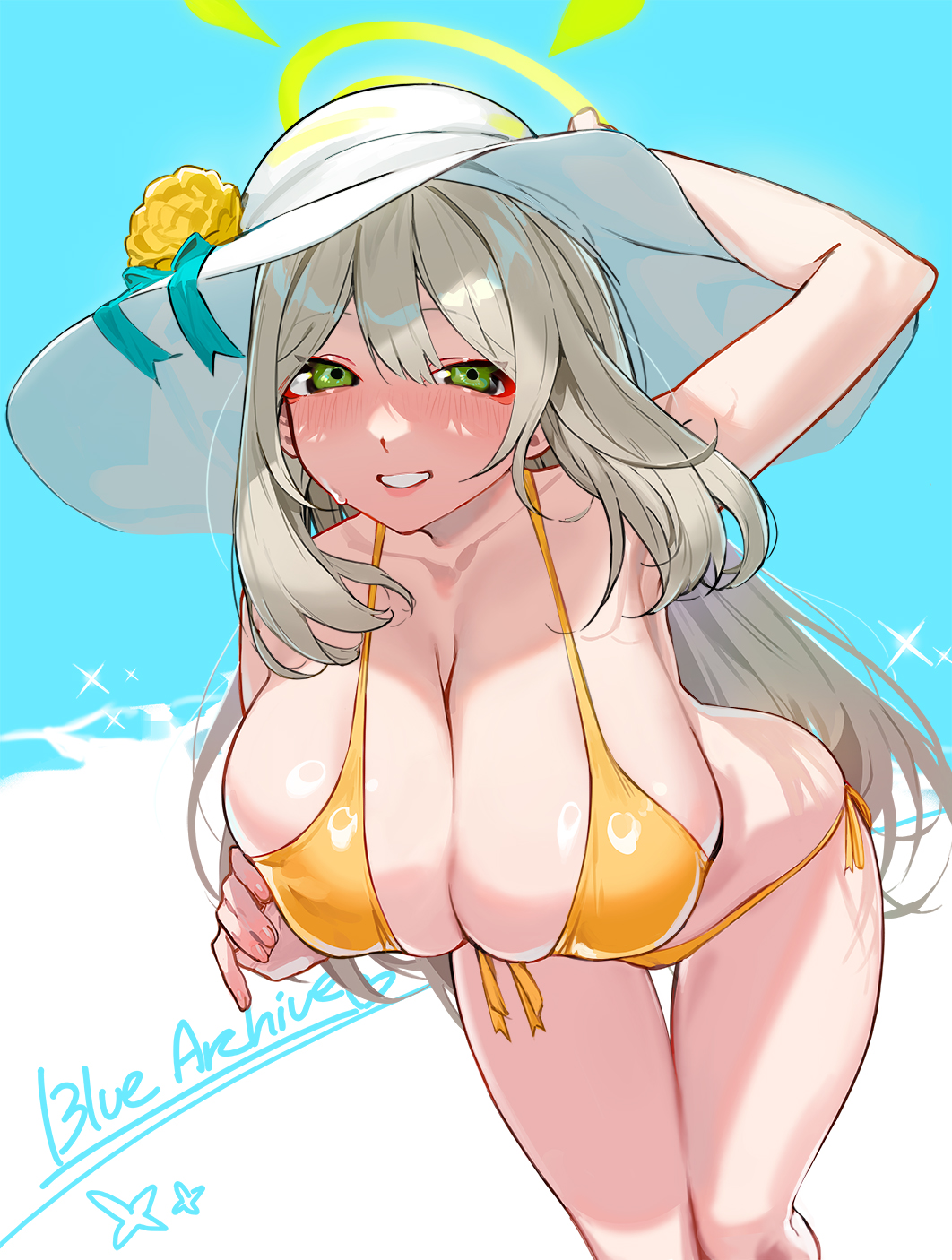 alternate version available, highres, 1girls, 2022, bikini, blue archive, blush, breasts, cleavage, collarbone, female, female only, green eyes, grin, hair between eyes, halo, hat, kare huang, large breasts, leaning forward, light brown hair, long hair, looking at viewer, nonomi (blue archive), nonomi (swimsuit) (blue archive), smile, solo, solo female, sun hat, swimsuit, white headwear, yellow bikini, 