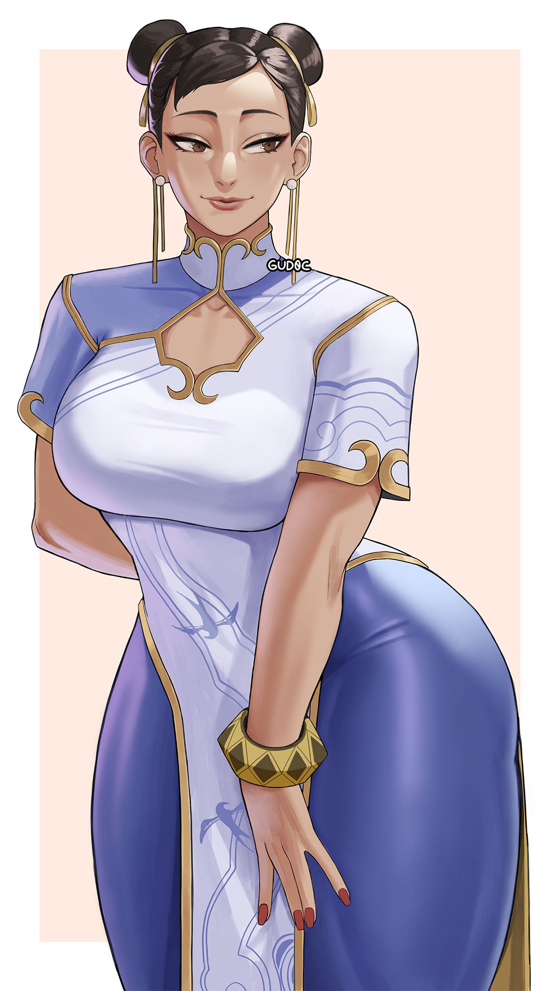 chun-li, capcom, street fighter, big breasts, breasts, chinese dress, gud0c, street fighter 6, tight pants, 