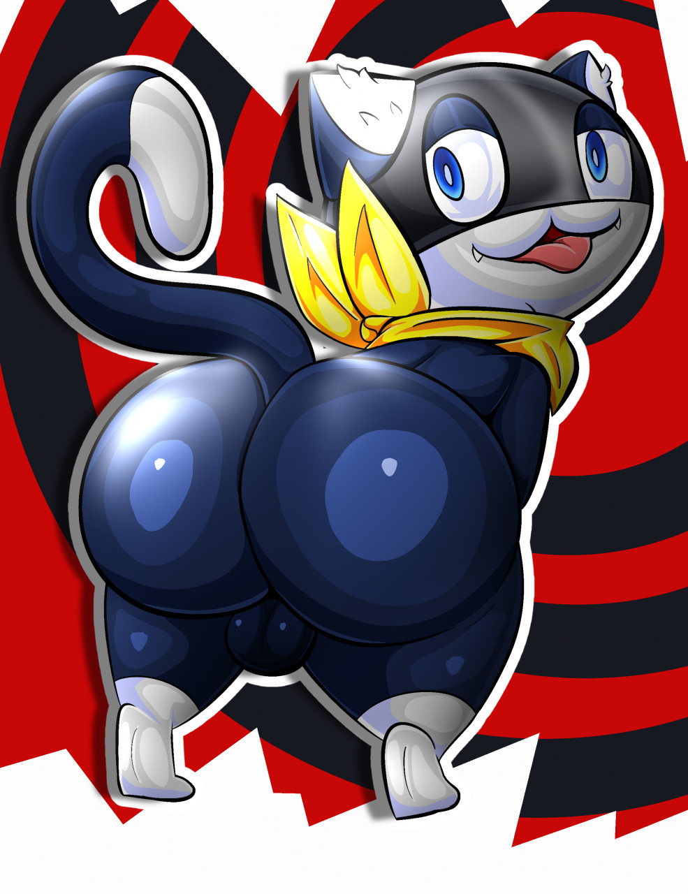 morgana (persona), persona 5, anthro, ass, balls, blue eyes, feline, looking at viewer, male only, presenting hindquarters, 