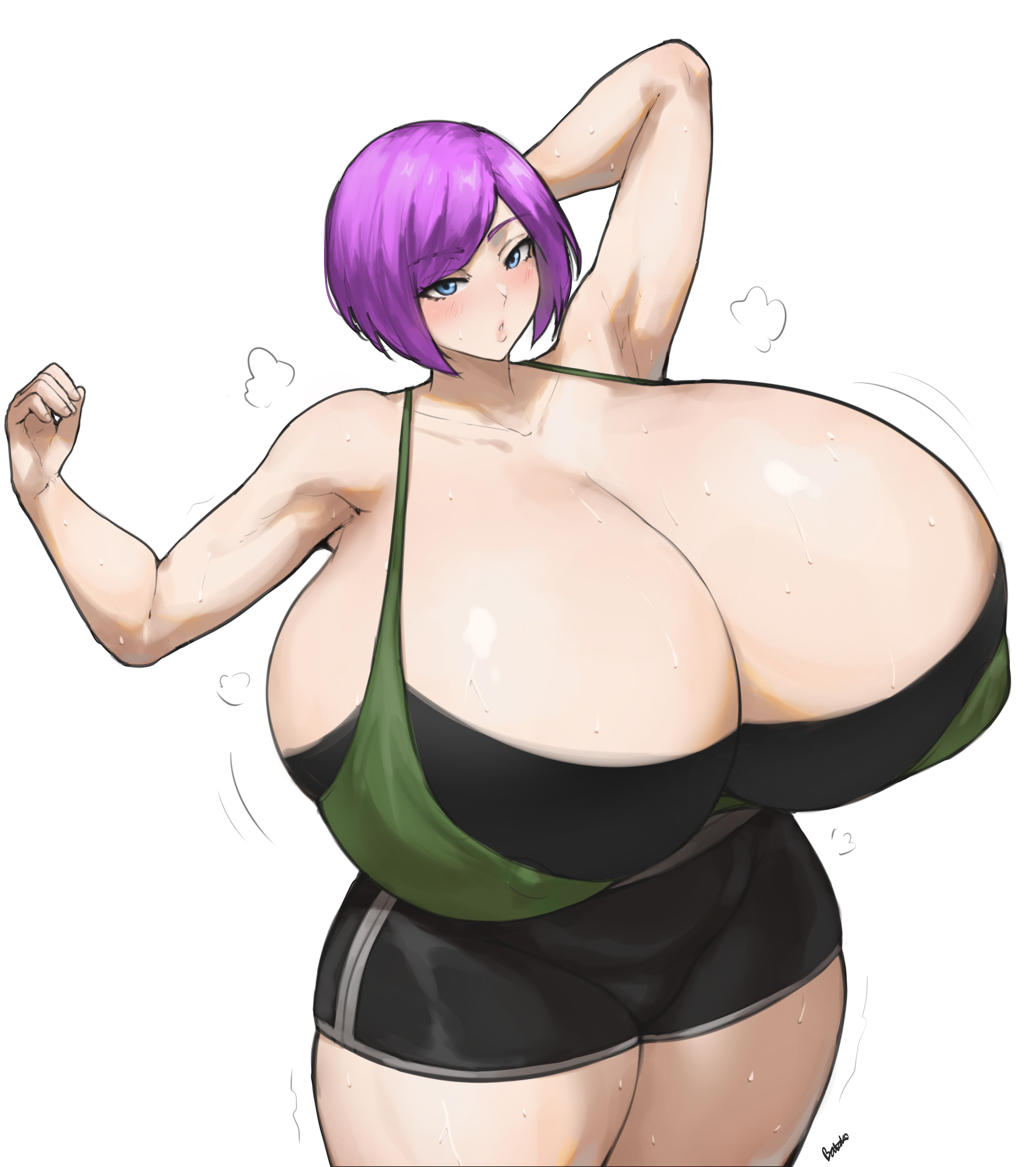 batako, last origin, simple background, white background, 1girls, arms behind head, arms up, big breasts, bloody panther (last origin), blue eyes, gigantic breasts, gym clothes, huge breasts, hyper breasts, large breasts, massive breasts, motion lines, panting, pink hair, plump, shorts, solo, solo female, sports bra, sportswear, standing, sweat, sweating, 