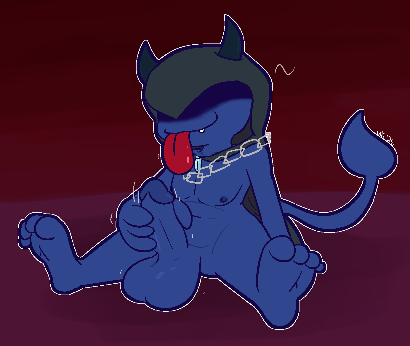 ultilix, 2020, red background, simple background, balls, big balls, big penis, big tongue, blue balls, blue glans, blue nipples, blue penis, blueberry (pheanir), chain necklace, demon, fangs, genitals, glans, gradient background, holding penis, humanoid, humanoid genitalia, humanoid penis, imp, male, masturbation, motion lines, nipples, obscured eyes, penile, penile masturbation, penis, sitting, solo, spade tail, spread legs, spreading, tongue, tongue out, 
