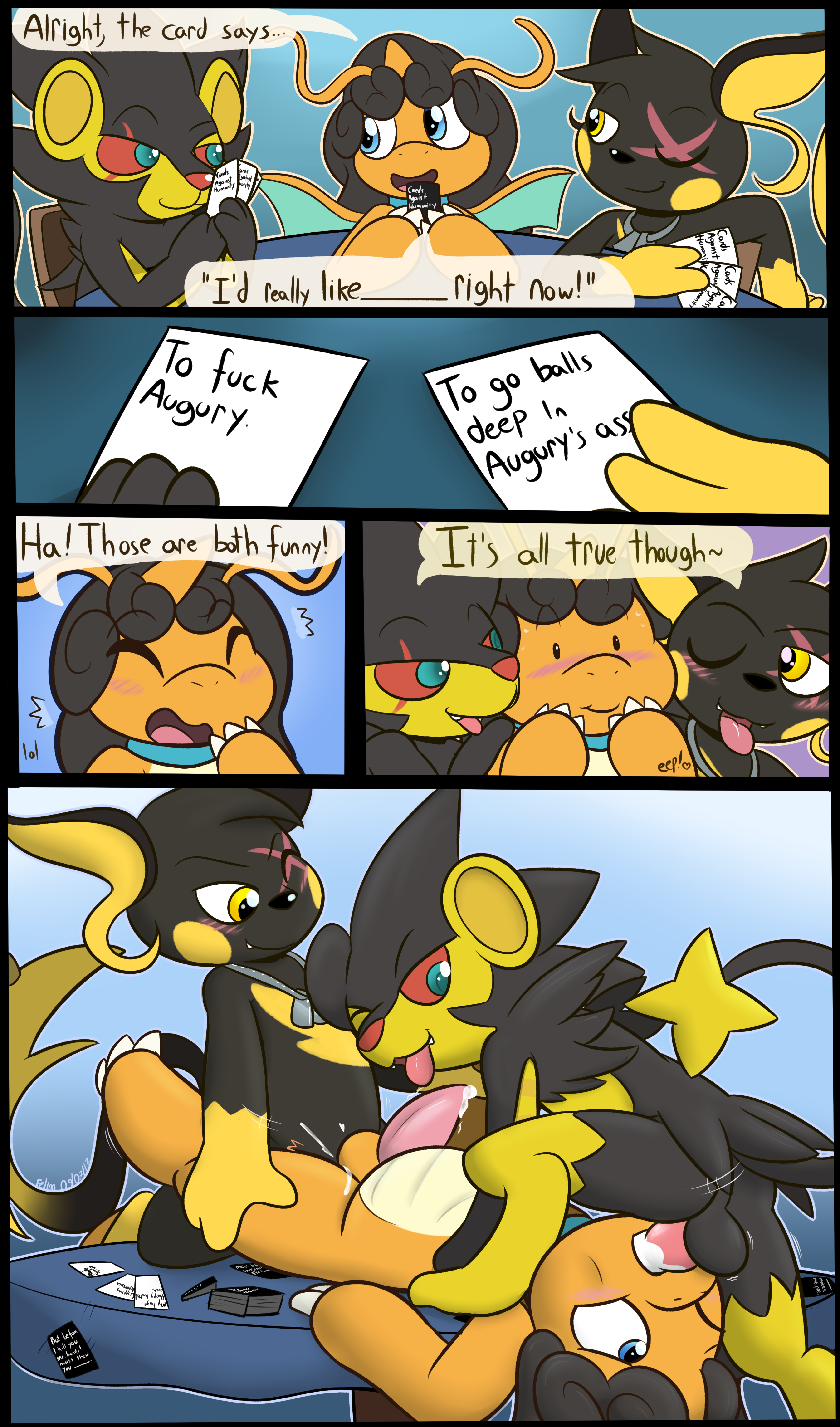 felino, dragonite, luxray, raichu, nintendo, absurd res, blue background, comic, english text, hi res, simple background, speech bubble, text, 3 fingers, alternate color, anal, anal sex, anthro, anthrofied, balls, black balls, black fur, black hair, blue eyes, blush, card, cards against humanity, claws, cum, cum in ass, cum in mouth, cum inside, cum on leg, cum on penis, dialogue, dog tags, fellatio, fur, group, group sex, hair, heart, hip grab, humor, lying, male, membranous wings, motion lines, multicolored fur, on table, open mouth, oral, orange balls, orange scales, penetration, penis, pink penis, pokemon, red sclera, scales, sex, sitting, spitroast, table, tapering penis, threesome, tongue, tongue out, two tone fur, video games, wings, yaoi, yellow eyes, yellow fur, 