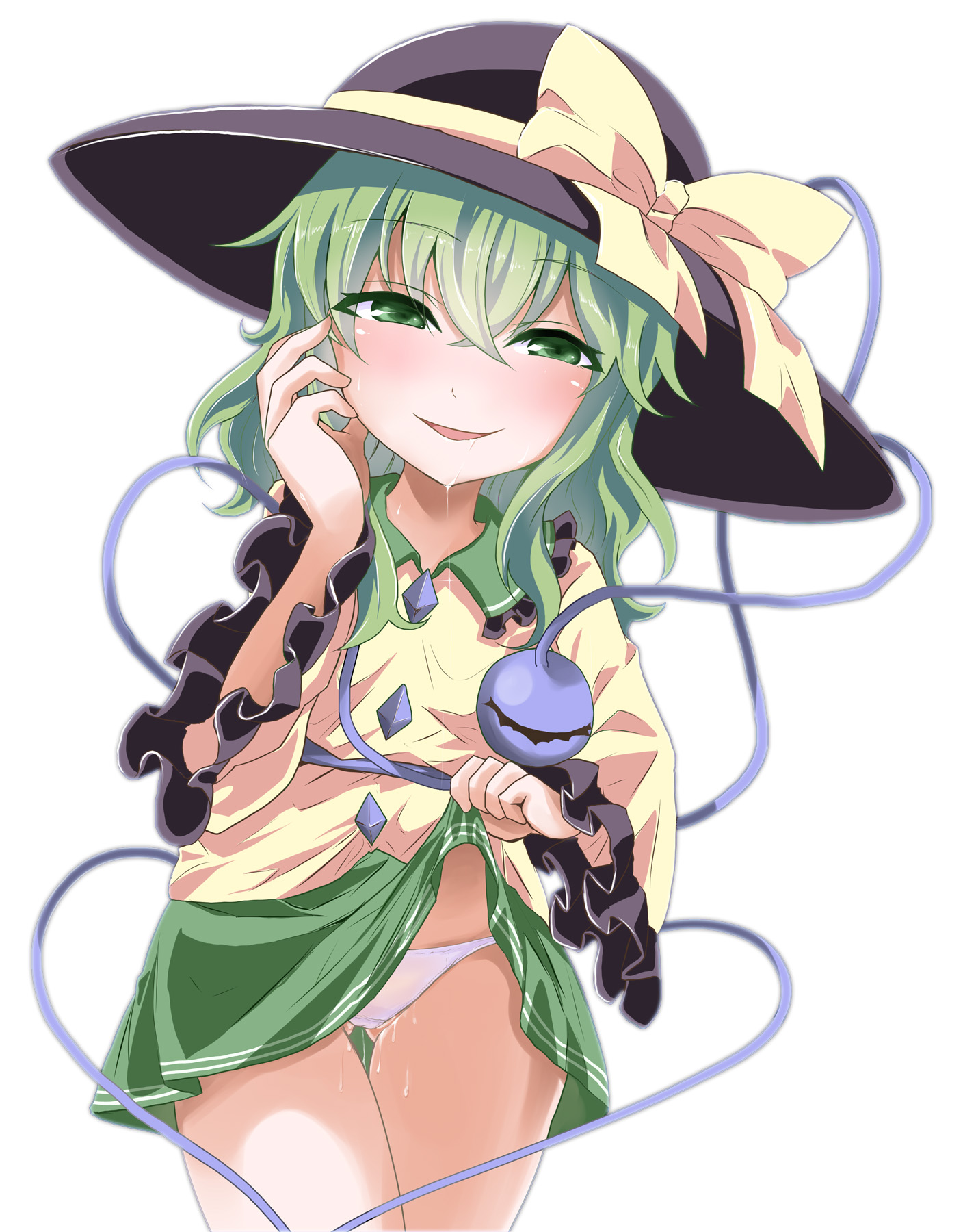 koishi komeiji, touhou, highres, ass visible through thighs, bangs, black headwear, bow, collared shirt, cowboy shot, crossed bangs, drooling, eyebrows visible through hair, female, frilled shirt collar, frills, green eyes, green hair, green skirt, hair between eyes, hand up, hat, hat bow, heart, heart of string, lifted by self, long hair, long sleeves, looking at viewer, miniskirt, mr.milk caramel, open mouth, panties, pussy juice, saliva, shirt, skirt, skirt lift, smile, solo, thigh gap, third eye, underwear, white panties, wide sleeves, yellow bow, yellow shirt, 