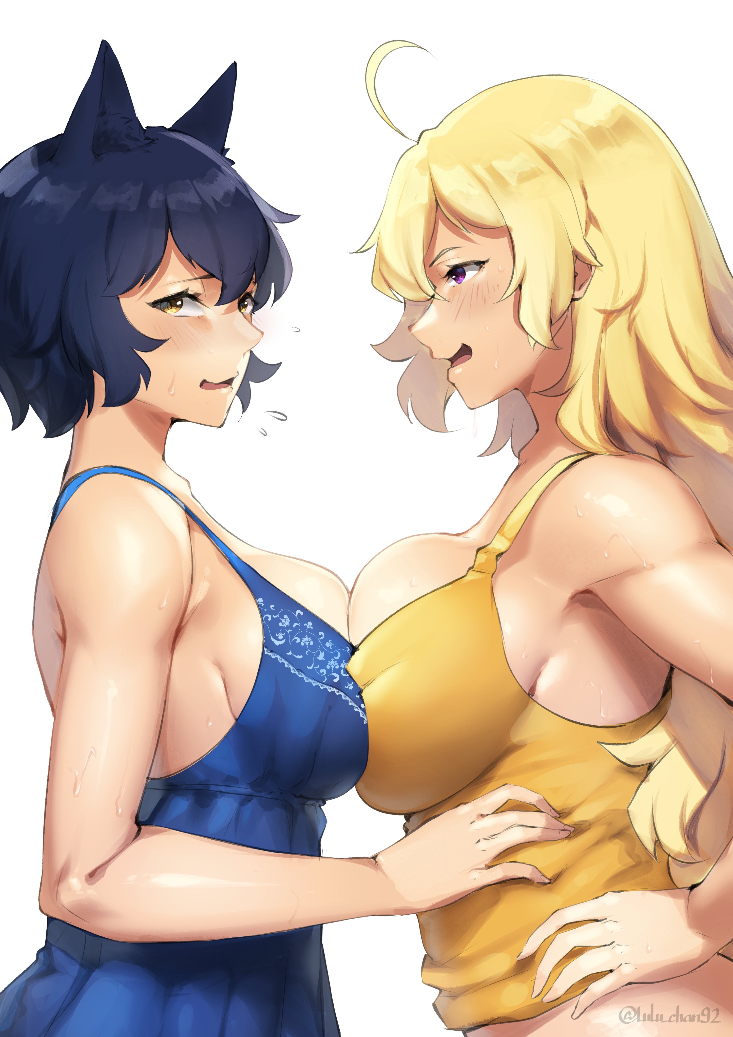 lulu-chan92, blake belladonna, yang xiao long, rooster teeth, rwby, simple background, tagme, white background, 2girls, ahoge, animal ears, bangs, big breasts, blonde hair, blue hair, blush, blush lines, breast press, breast to breast, breasts, breasts pressed together, breasts to breasts, breasts together, busty, cat ears, curvy, dress, female, female focus, female only, from side, large breasts, light-skinned female, light skin, long hair, looking at another, looking away, multiple girls, open mouth, purple eyes, short hair, side view, sideboob, sweat, sweatdrop, sweating, sweaty, sweaty body, symmetrical docking, tank top, voluptuous, yellow eyes, yuri, 