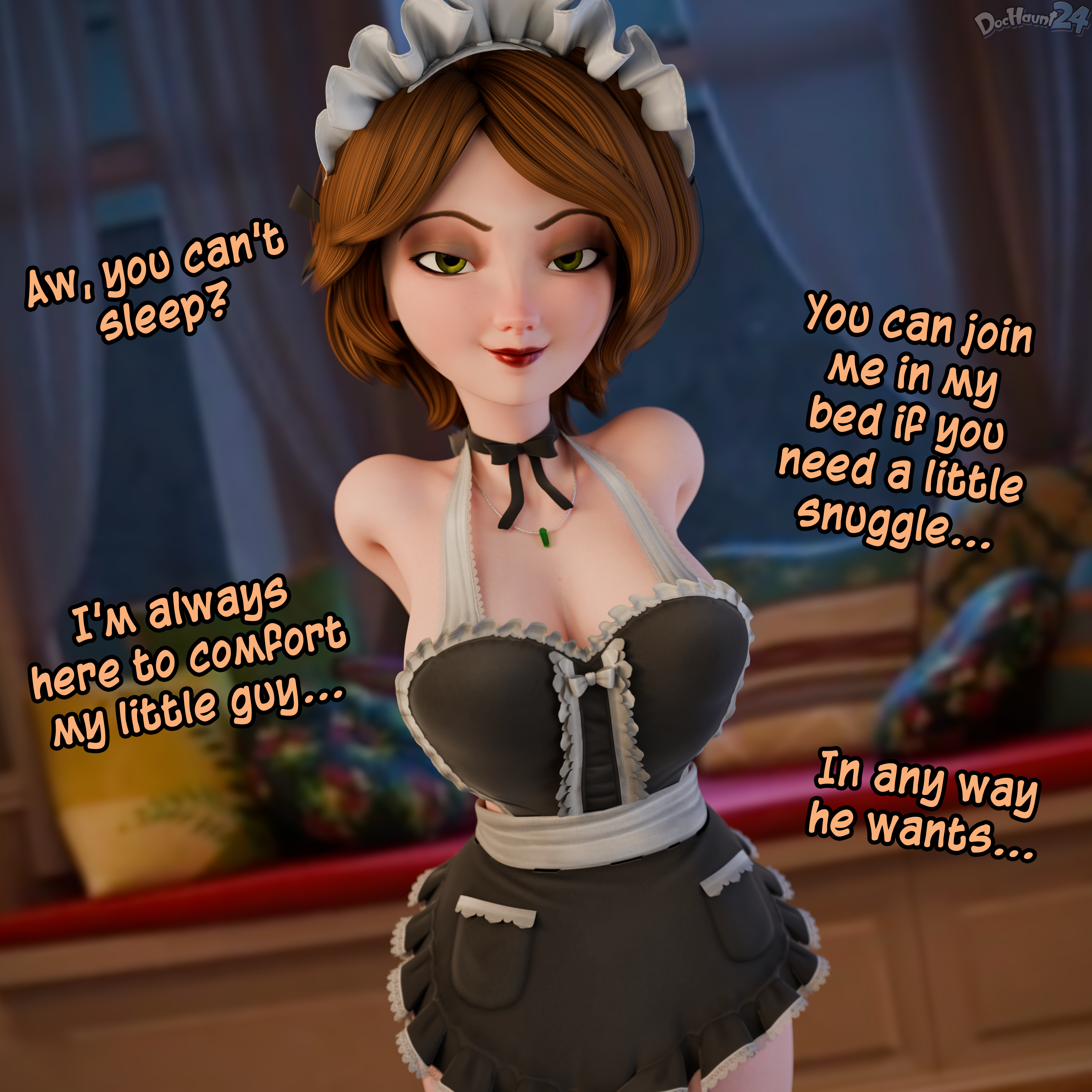 1girls 3d alternate_costume alternate_version_available arms_behind_back big_breasts big_hero_6 breasts brown_hair cass_hamada dochaunt24 english english_text female female_only green_eyes hair hips lips looking_at_viewer maid maid_headdress maid_outfit maid_uniform mature mature_female mature_woman milf naughty_face necklace neckwear short_hair smile solo solo_female talking_to_viewer text thighs