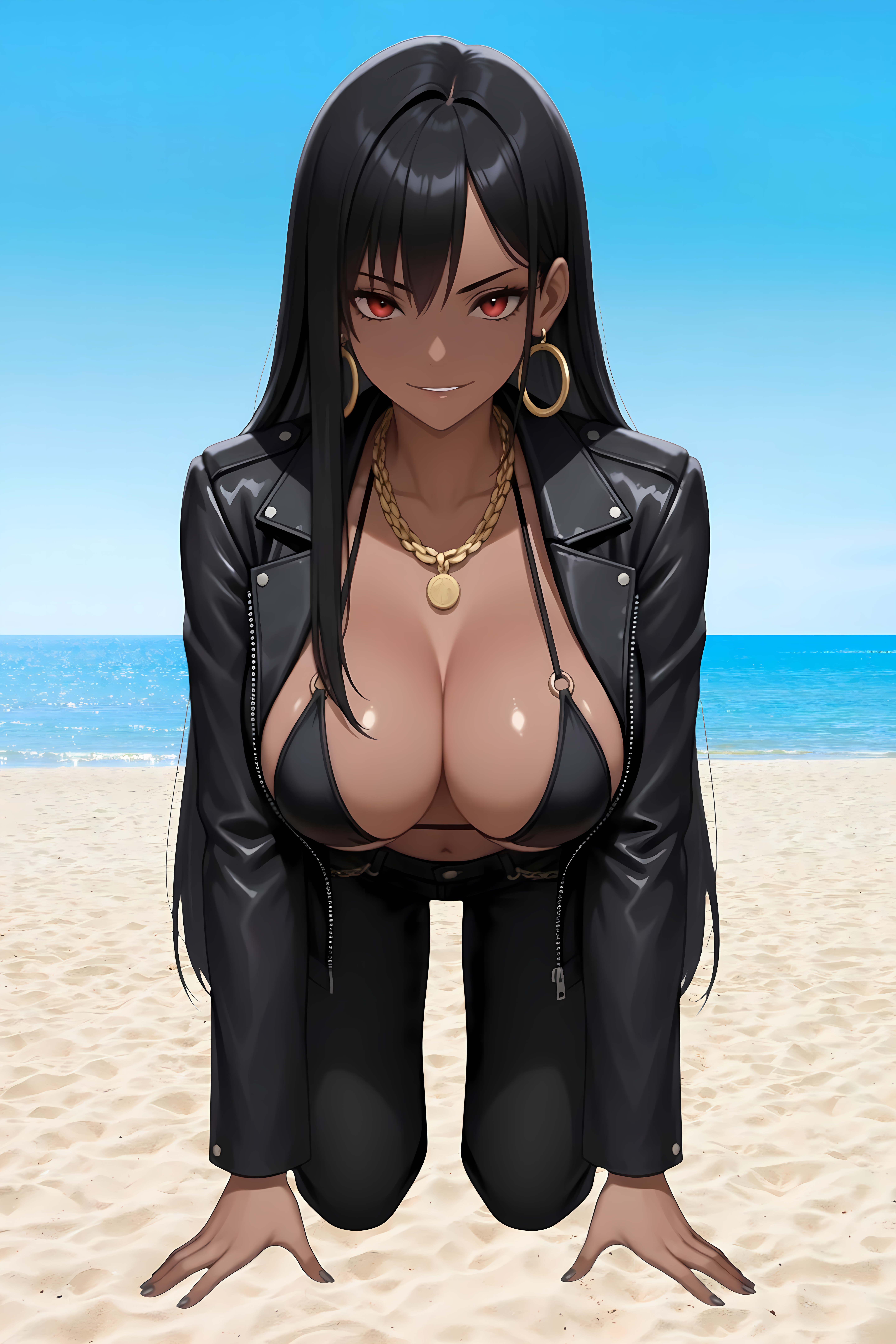 ai ai_generated anime beach beach_background big_breasts bikini_top black_bikini black_hair black_jacket black_jeans cleavage dark-skinned_female earrings front_view gold_chain gold_jewelry hi_res high_quality leaning_forward mina_thai_woman necklace on_all_fours pose posing red_eyes sexy sexy_pose silicone silicone_implants smiling thai thai_female thailand