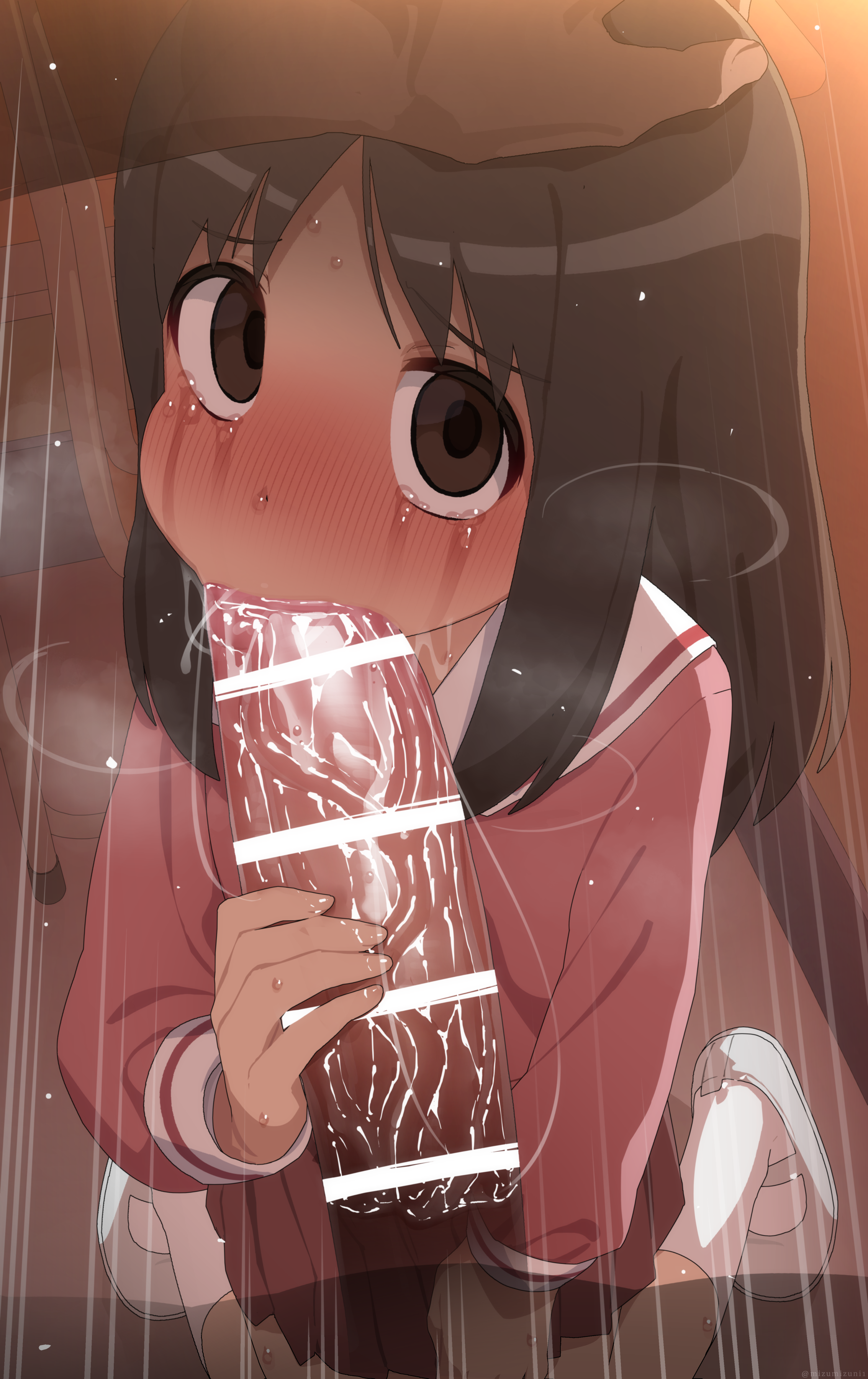 kasuga ayumu, azumanga daiou, absurdres, bar censor, censored, highres, 1boy, blush, brown eyes, brown hair, cheek bulge, fellatio, female, grey footwear, hand on another's head, indoors, irrumatio, kneeling, long hair, looking at viewer, mizumizuni, oral, penis, pink serafuku, pink shirt, pov, pov crotch, pov hands, sailor collar, school uniform, serafuku, shirt, shoes, socks, straight, tears, white legwear, white sailor collar, 