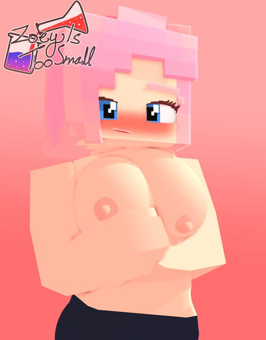 minecraft, mine-imator, simple background, blue eyes, blush, breasts, female, female only, holding breasts, looking at viewer, nipples, pink hair, smile, smiling, smiling at viewer, solo, solo female, topless, topless female, zoey is too small, 