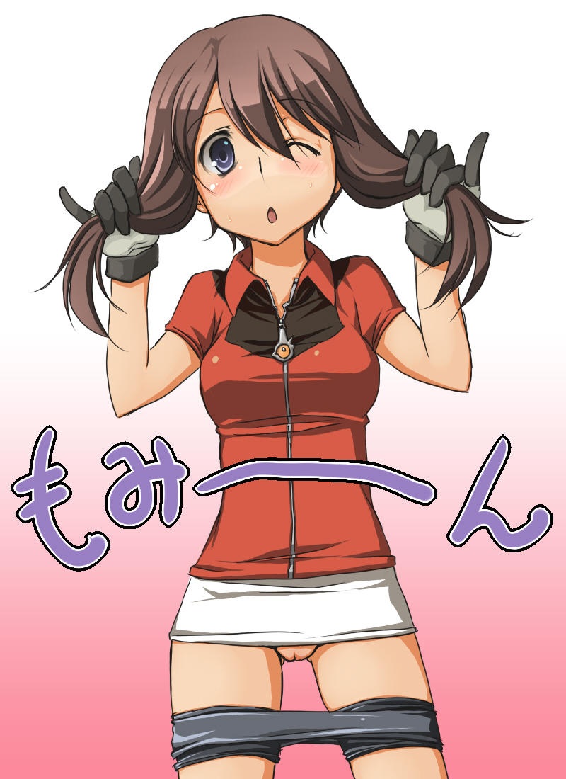 luliao, may (pokemon), nintendo, color, tagme, blush, clothes, female, female only, front view, gloves, human, human only, humans of pokemon, pokemon, solo, standing, vulva, wink, 