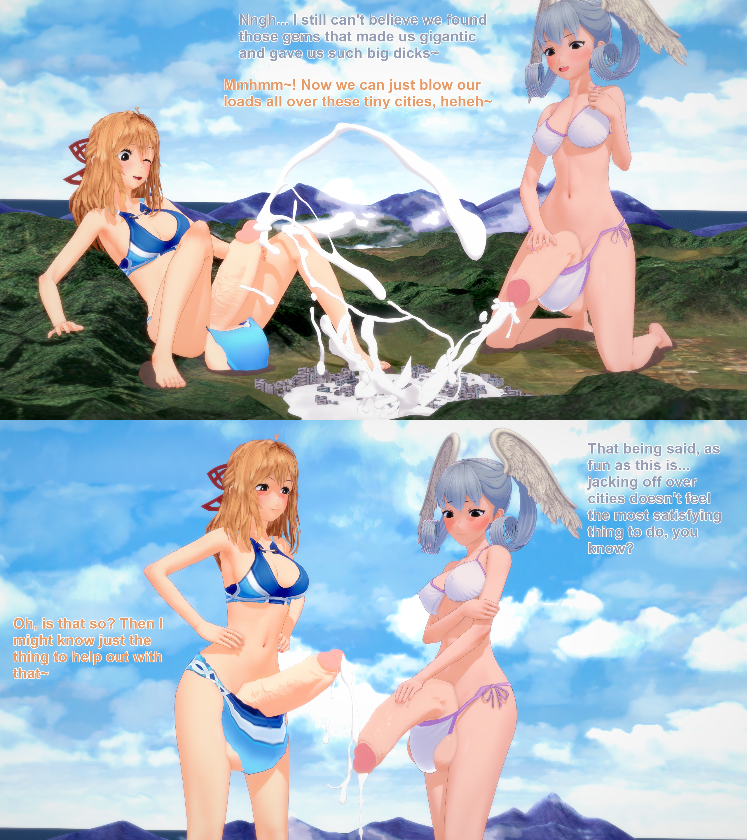 2futas 3d bikini blonde_hair city commission cum cum_flood destruction ejaculation english_text female fiora_(xenoblade) futa_giantess futanari giantess giantess_futa giga_giantess head_wings huge_cock intersex koikatsu melia_antiqua nintendo penis silver_hair swimsuit text xavierhuge xenoblade_(series) xenoblade_chronicles