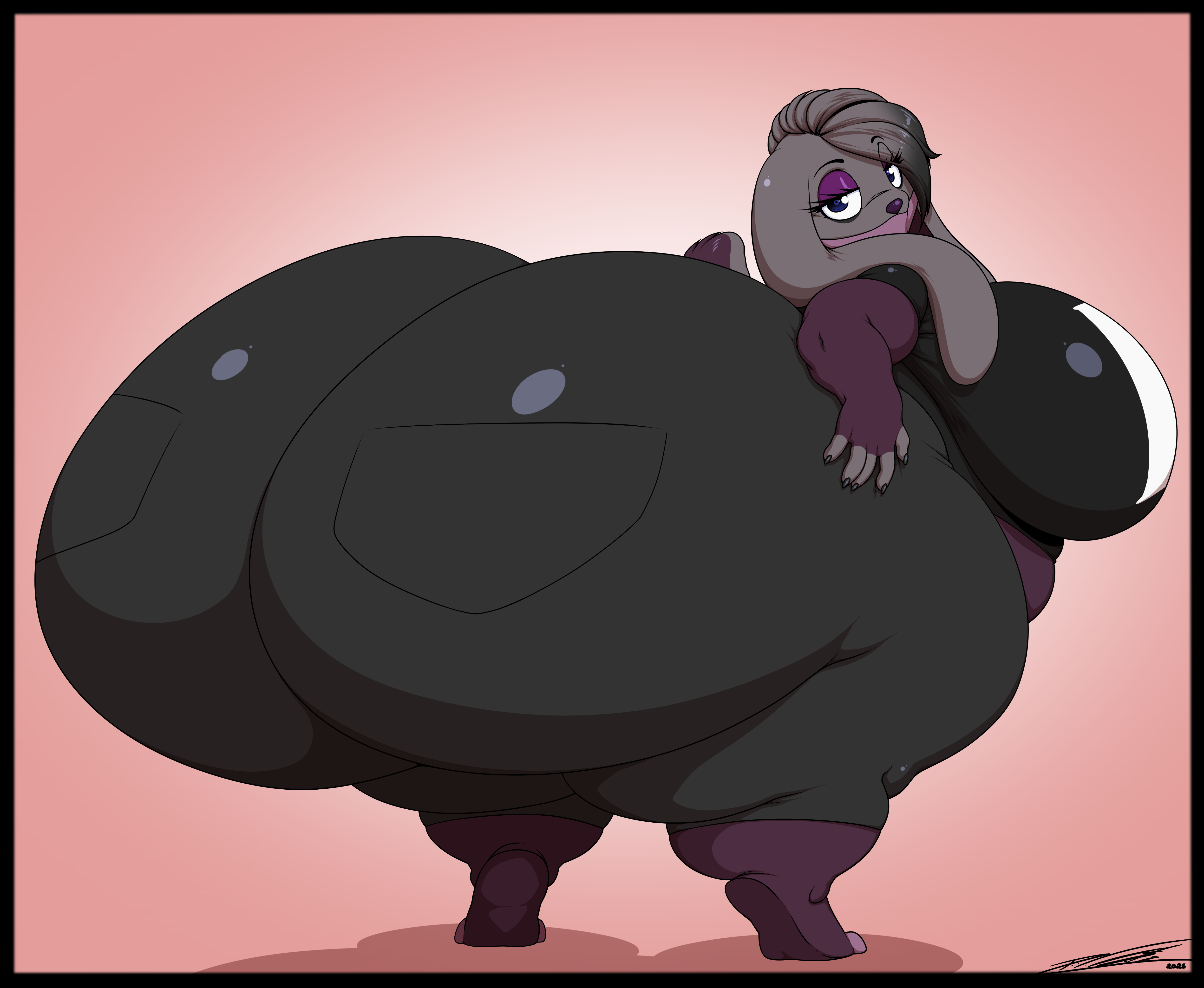 2025 absurd_res alternative_fashion anthro ass belly big_belly big_breasts big_butt black_border black_bottomwear black_clothing black_eyebrows black_highlights black_jeans black_nails black_pants black_shirt black_topwear blue_eyes border bottomwear breasts cel_shading clothing colored colored_nails denim denim_bottomwear denim_clothing deonwolf digital_media_(artwork) eyebrows eyelashes eyeshadow female generation_8_pokemon goth grey_body grey_hair grey_tail hair hand_on_butt hand_on_own_butt hi_res highlights_(coloring) huge_breasts huge_butt huge_thighs hyper hyper_breasts hyper_butt hyper_thighs jeans lagomorph leporid looking_at_viewer looking_back looking_back_at_viewer makeup mammal multicolored_body nails nintendo overweight overweight_anthro overweight_female pants pink_background pokemon pokemon_(species) purple_body purple_eyeshadow purple_nose purple_tail rabbit raboot rear_view rochelle_(reathe) shaded shirt short_stack signature simple_background solo tail thick_thighs tight_clothing topwear two_tone_body two_tone_tail