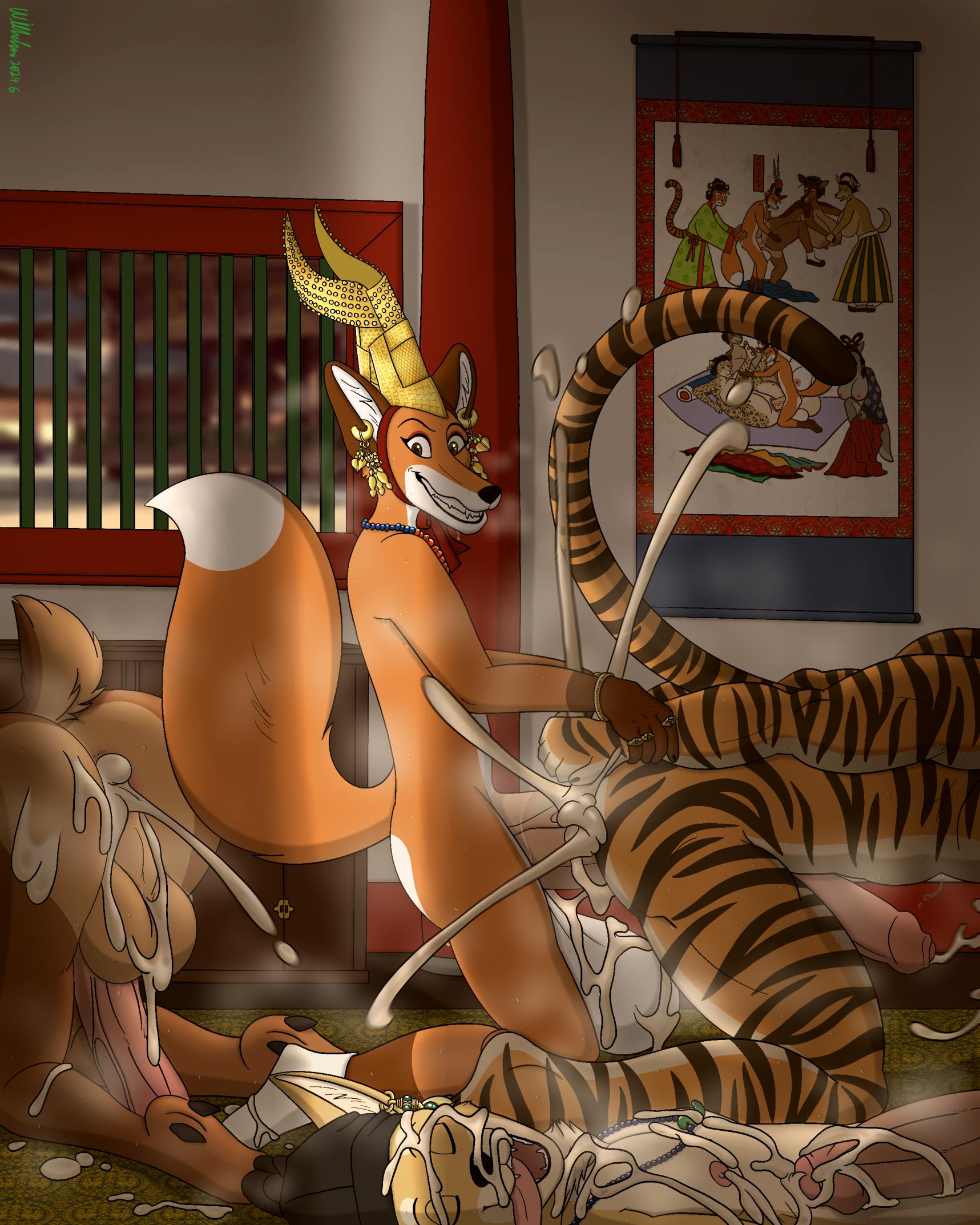 5_fingers anal anal_sex anthro anthro_on_anthro anthro_penetrated anthro_penetrating anthro_penetrating_anthro anus ass backsack balls ballsack big_balls big_penis black_nose bodily_fluids bracelet brown_body brown_fur canid canine canis closed_eyes clothing cum cum_covered cum_everywhere cum_from_ass cum_in_ass cum_inside cumshot deer digit_ring domestic_dog ejaculation erection felid finger_ring fingers footwear foreskin fox fur gaping gaping_anus genital_fluids genitals gim_inpyeong group hat headgear headwear hi_res hooves huge_balls huge_cock humanoid_genitalia humanoid_hands humanoid_penis inside jewelry korean lying male male/male male_penetrated male_penetrating male_penetrating_male mammal messy mostly_nude mostly_nude_anthro mostly_nude_male multicolored_body multicolored_fur musk musk_clouds necklace nipples nude nude_anthro nude_male ohs688 on_back orange_body orange_fur pantherine penetration penile penile_penetration penis penis_in_ass perineum sex socks striped_body striped_fur stripes sweat tail tan_body tan_fur teeth tiger tongue tongue_out two-tone_body two-tone_fur uncircumcised white_body white_fur wrist_grab