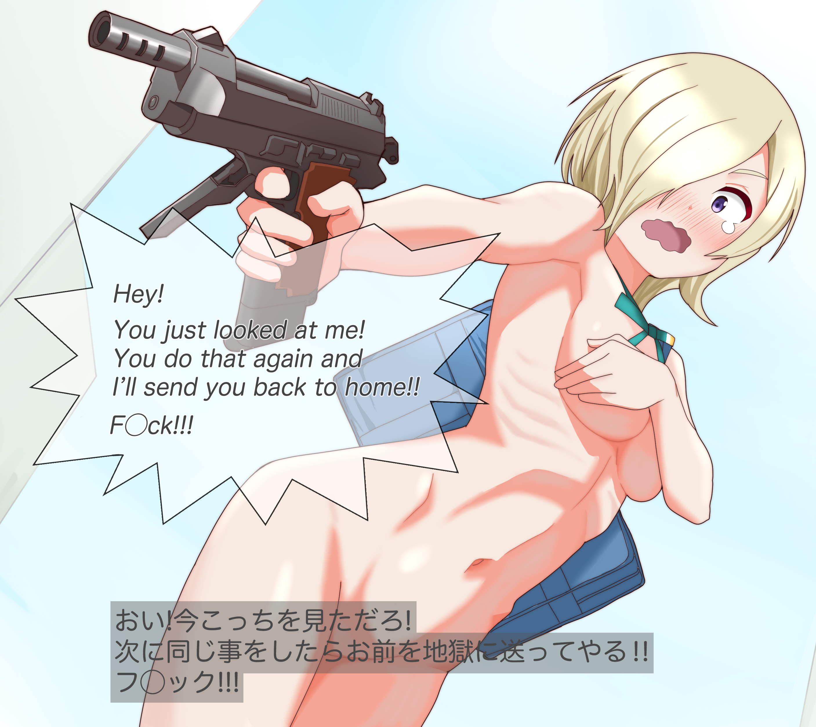 absurdres aiming bag beretta_93r blonde_hair blue_eyes blush breasts censored censored_text chokkakudo commentary covering_breasts covering_privates embarrassed english_text female green_ribbons gun hair_over_one_eye handgun highres holding holding_gun holding_weapon linea_alba love_live! love_live!_nijigasaki_high_school_idol_club medium_breasts medium_hair mia_taylor naked_school_attendance navel neck_ribbon nude open_mouth ribbon ribs school_bag solo speech_bubble subtitled tearing_up weapon zenra