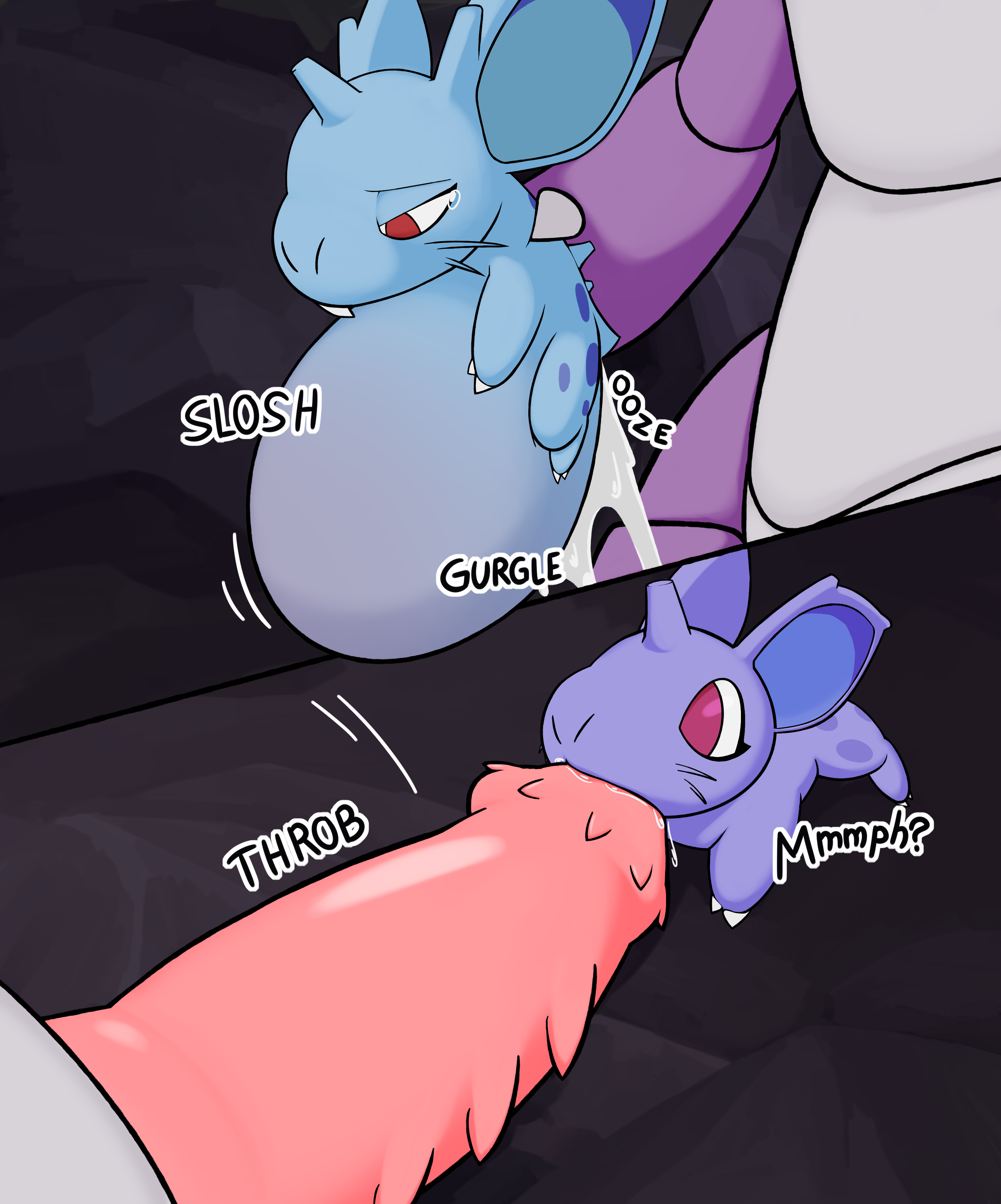 absurd_res big_penis bodily_fluids comic cum cum_inside evolutionary_family female feral generation_1_pokemon genital_fluids genitals group hi_res imminent_sex inflation leaking_cum male male/female nidoking nidoran nidoran♀ nintendo otherthatguy penetration penis pokemon pokemon_(species) ready_to_pop shallow_penetration size_difference tears trio