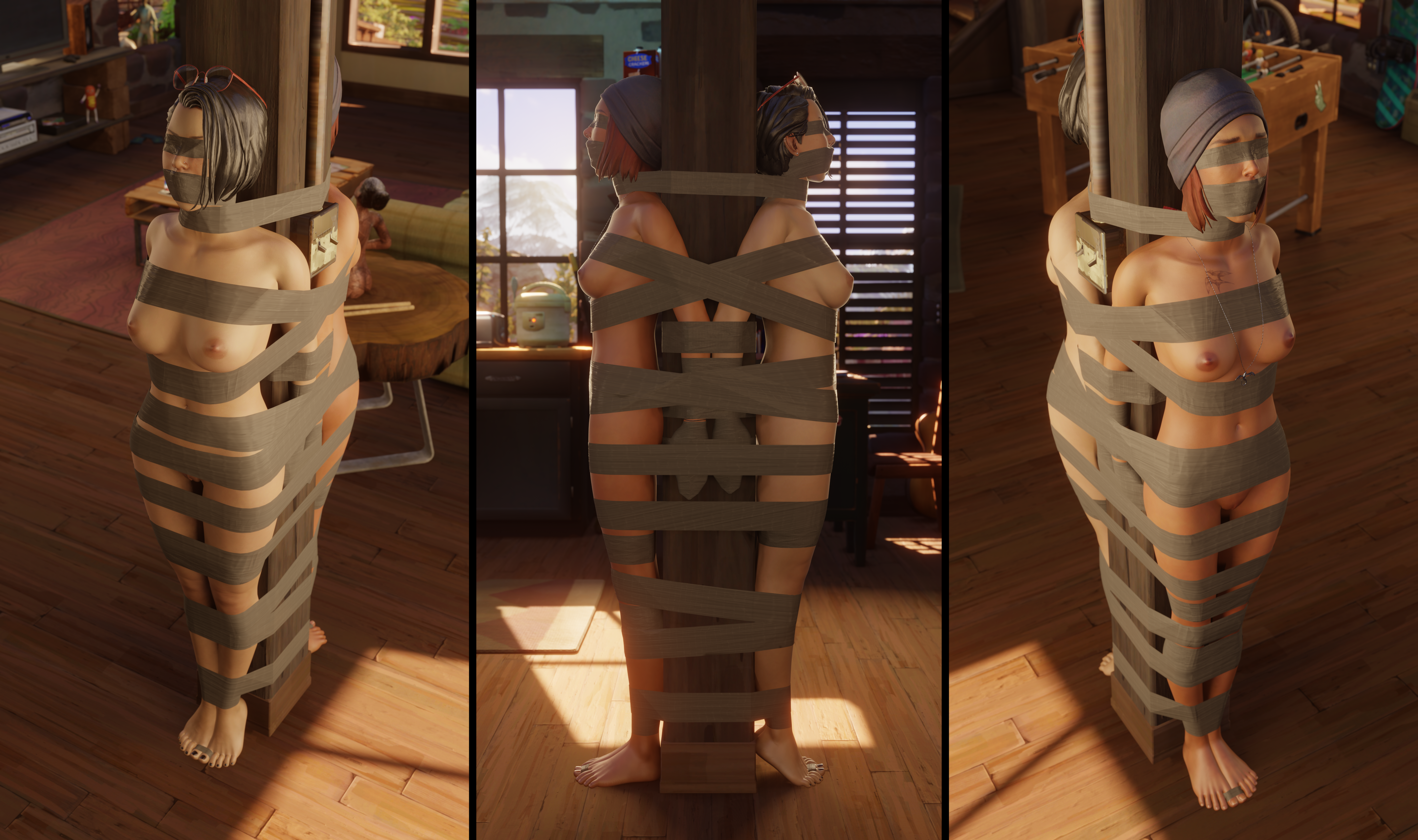 3d, 2girls, alex chen, blindfold, bondage, bound to pole, completely nude, completely nude female, females only, gag, gagged, hiddenrender, life is strange: true colors, nude, nude female, steph gingrich, tape blindfold, tape bondage, tape gag, 