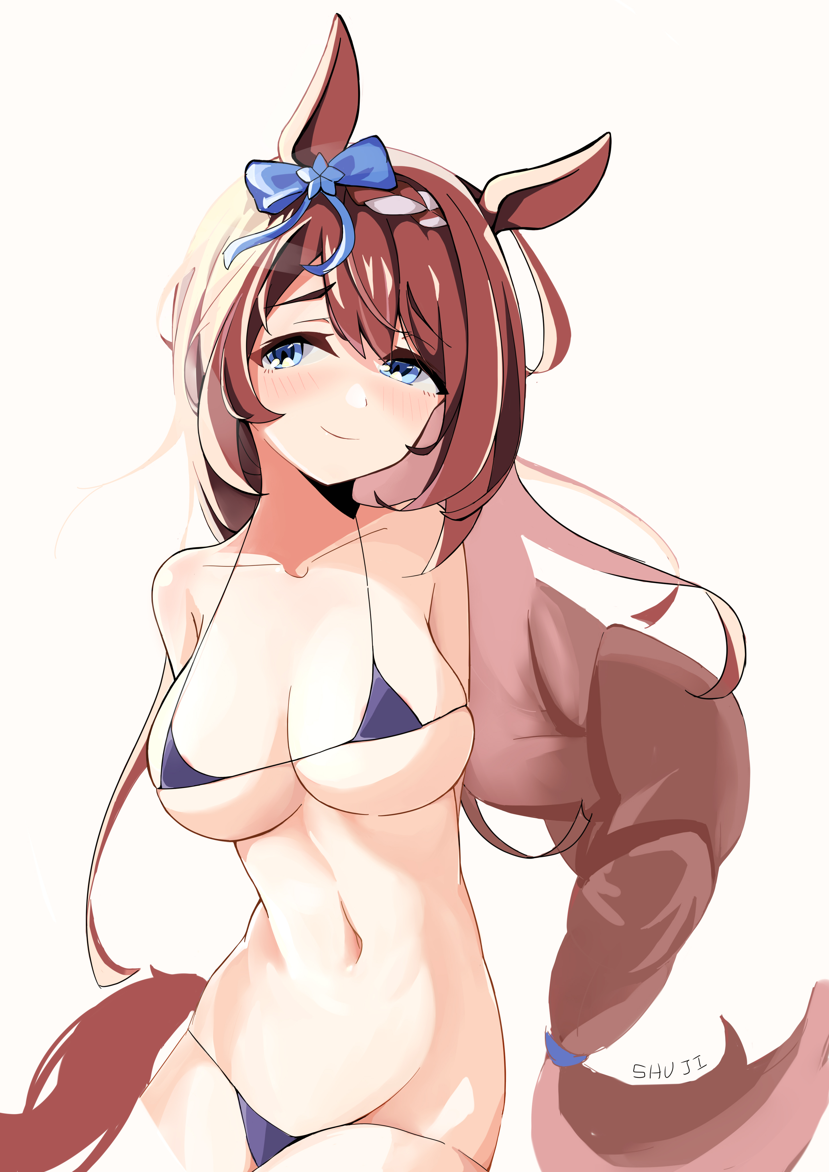 umamusume, absurdres, commentary request, highres, simple background, white background, animal ears, arm behind back, artist name, bare shoulders, bikini, blue bikini, blue eyes, blush, bow, braid, breasts, brown hair, collarbone, ear bow, ear ornament, ear ribbon, female, horse ears, horse girl, horse tail, large breasts, long braid, long hair, looking to the side, micro bikini, navel, shuji 2001, single braid, solo, super creek (umamusume), swimsuit, tail, very long hair, 