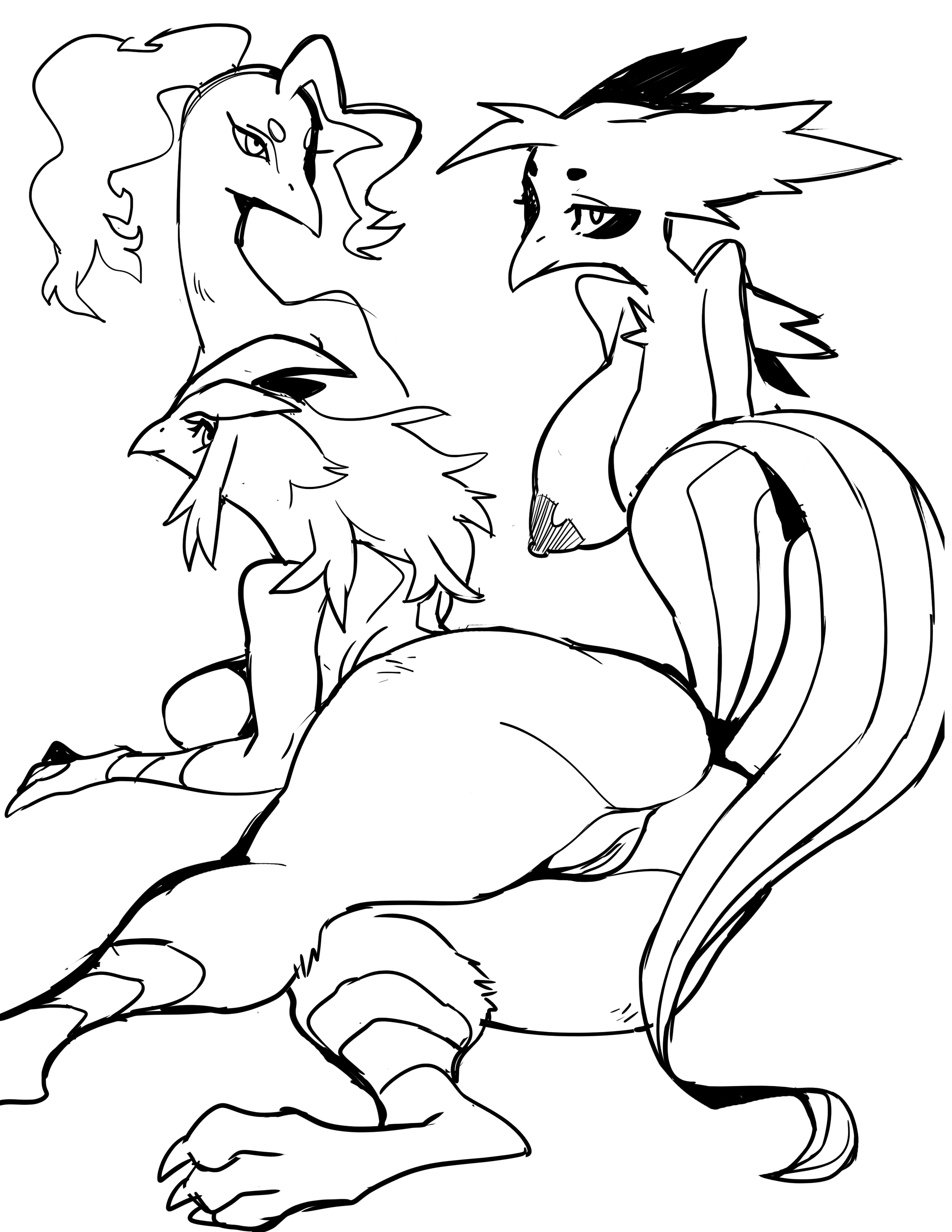 jijis-waifus, articuno, moltres, zapdos, nintendo, black and white, hi res, monochrome, anthro, ass, avian, beak, big breasts, big butt, breasts, eyelashes, female, huge breasts, nipples, pokemon, pussy, thick thighs, video games, 