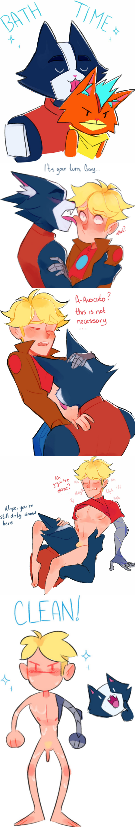 avocato, gary goodspeed, little cato, final space, absurd res, comic, hi res, long image, tall image, text, anthro, blonde hair, blush, bodily fluids, clothed, clothing, domestic cat, duo, felid, feline, felis, genitals, hair, human, licking, male, male/male, mammal, nipple piercing, nipples, oral, penis, piercing, robotic arm, saliva, tongue, tongue out, ventrexian, 