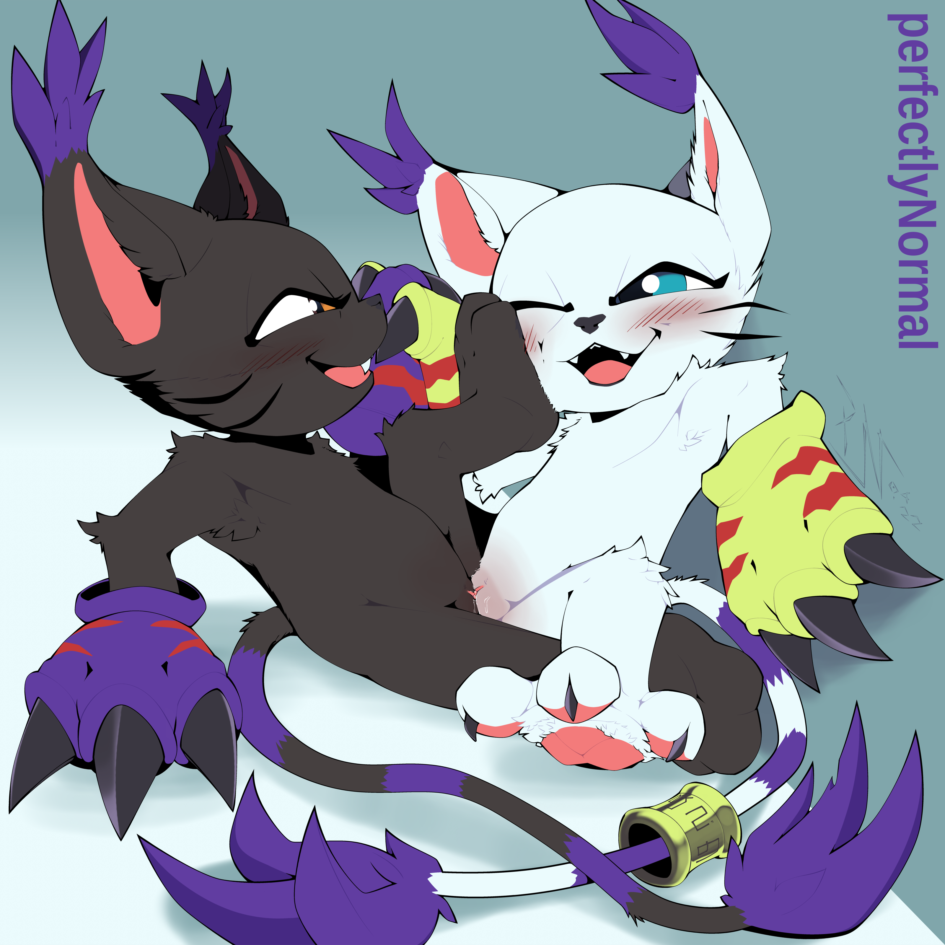 perfectlynormal, blackgatomon, digimon (species), gatomon, bandai namco, digimon, absurd res, hi res, 2022, against surface, against wall, blush, body blush, duo, eye contact, feet, felid, feline, female, female/female, foot on face, genitals, hand holding, looking at another, mammal, one eye closed, open mouth, pawpads, paws, pussy, pussy blush, sex, spread legs, spread toes, spreading, toes, tribadism, vaginal penetration, 