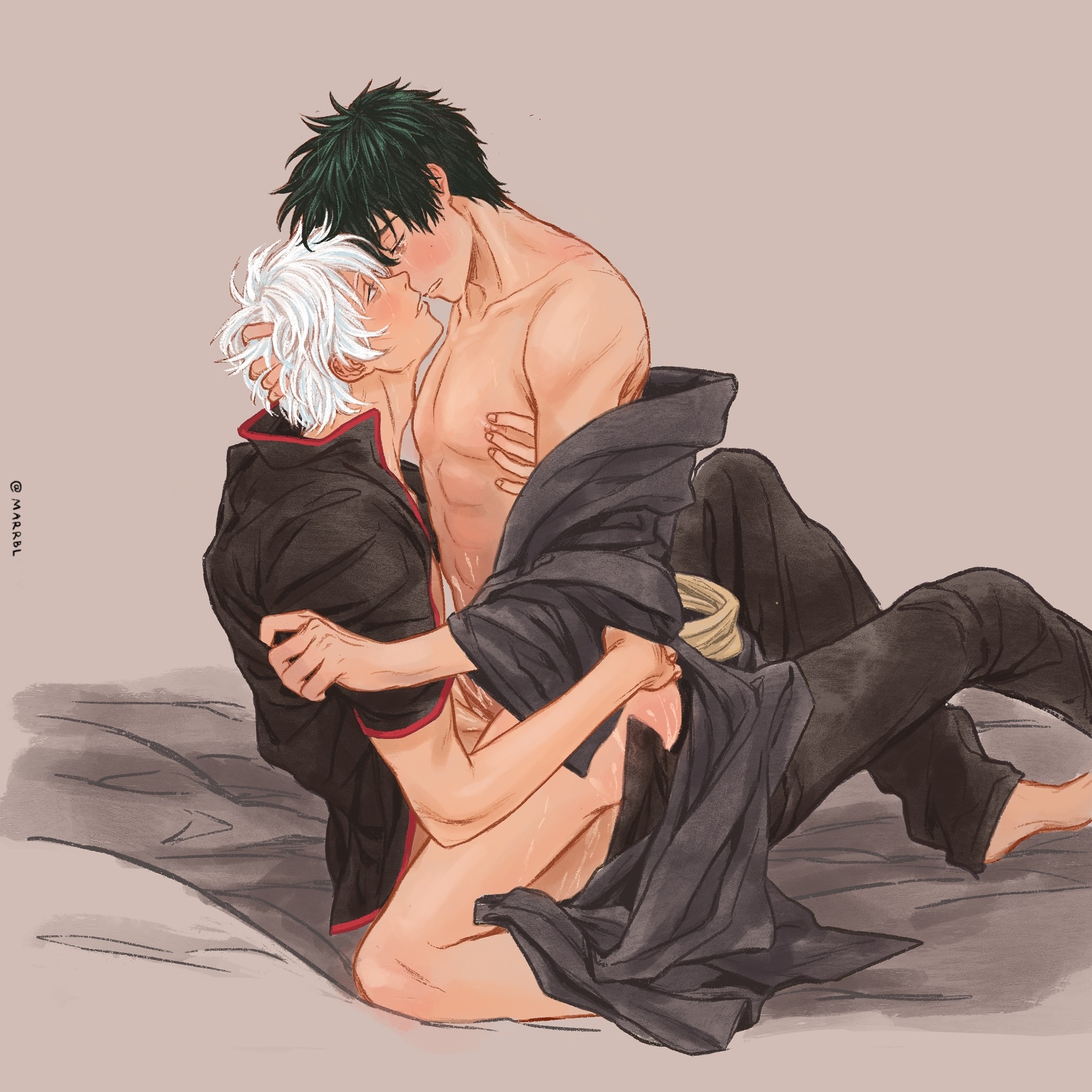 <b>gintama</b>, 2boys, black hair, blush, bodily fluids, futon, gay, hand on anoth...